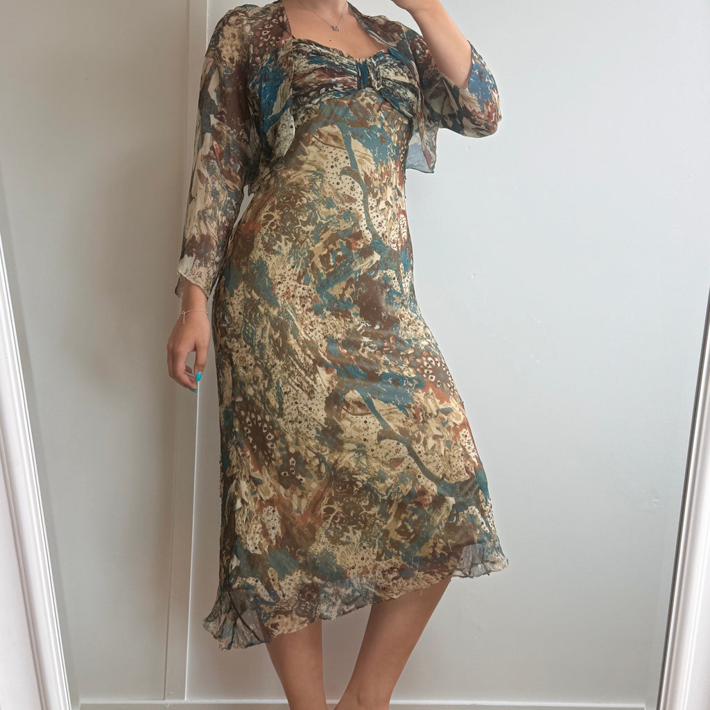 Neutral patterned sequin mesh midi dress with bolero