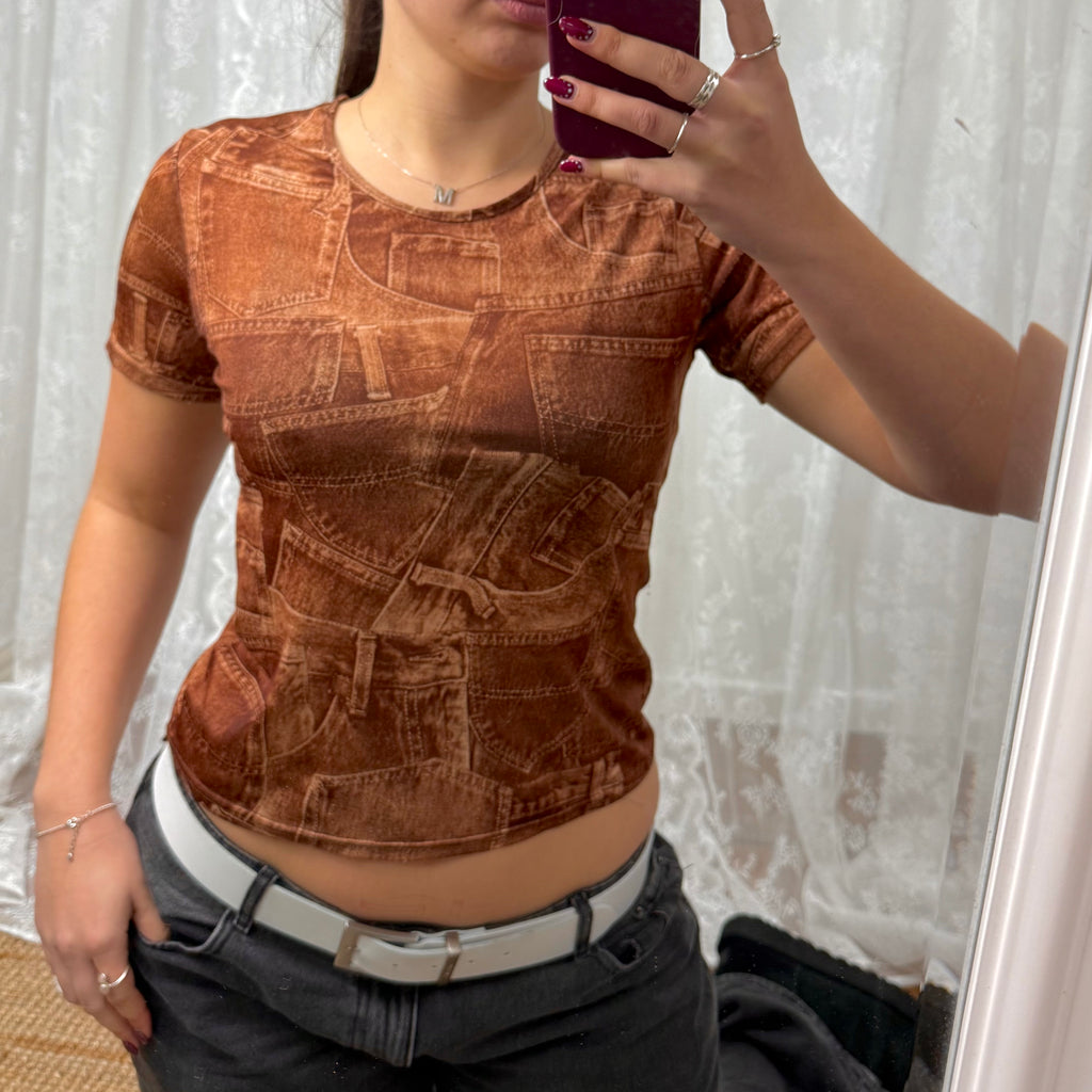 Brown Jean detailed tshirt
