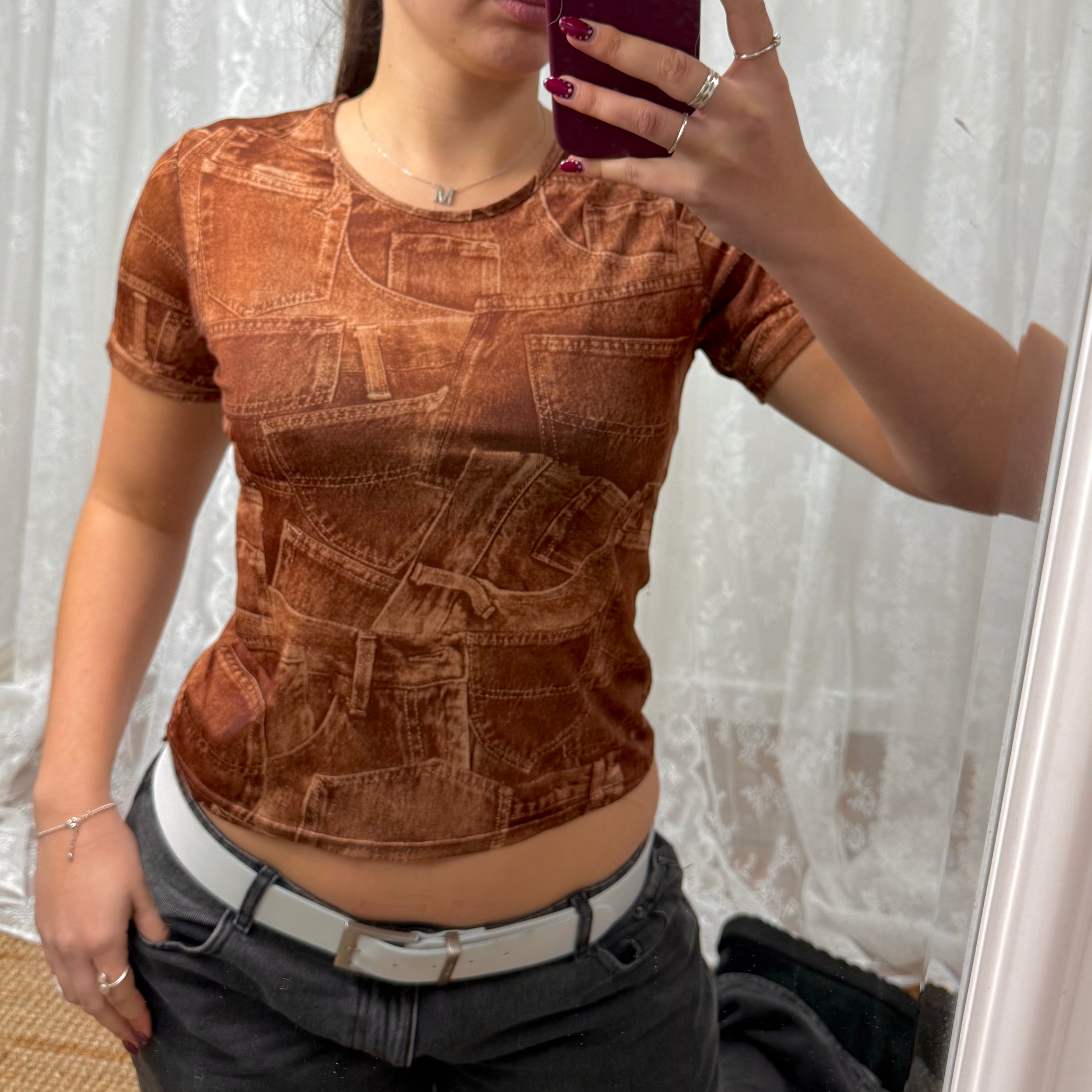 Brown Jean detailed tshirt