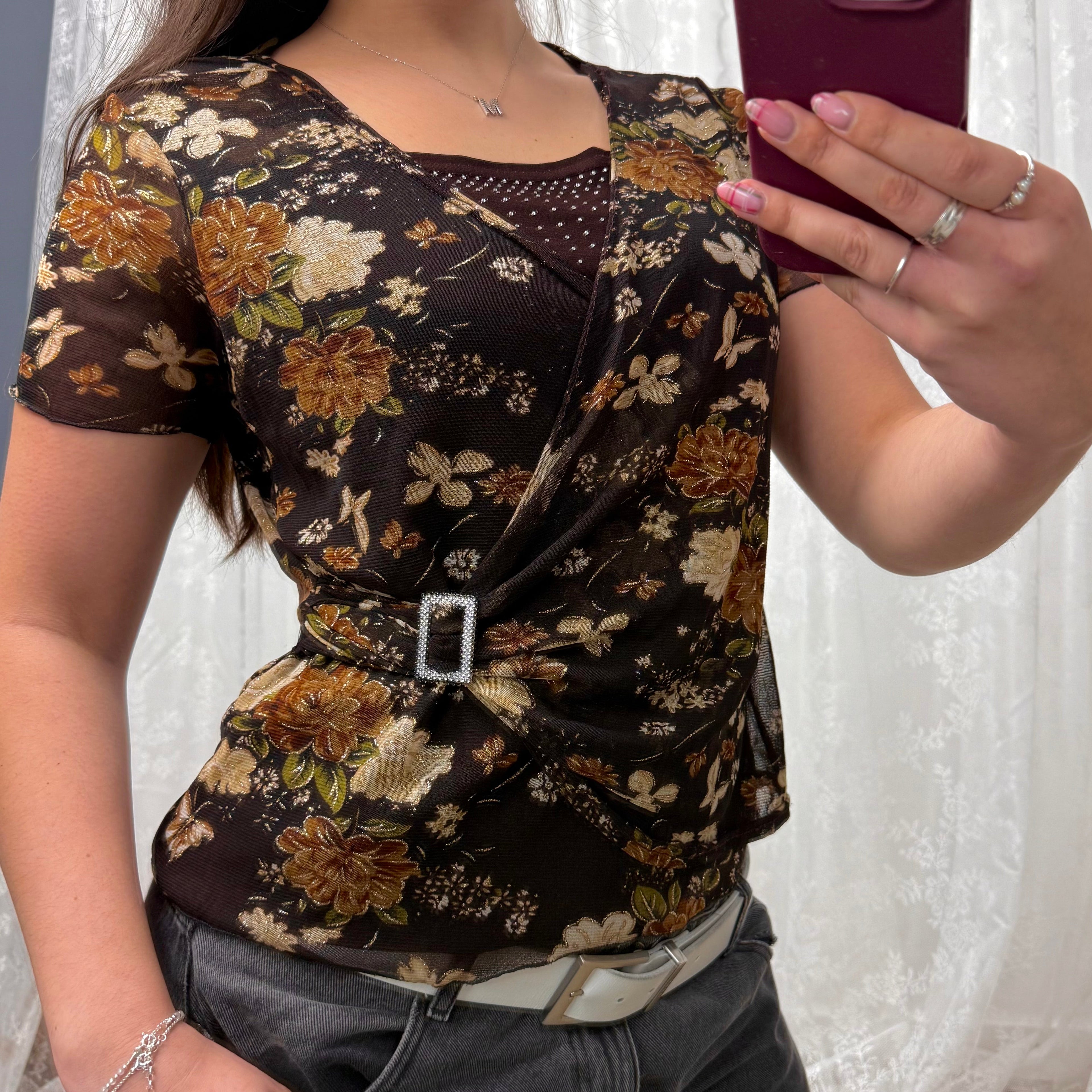 Brown floral mesh wrap around top