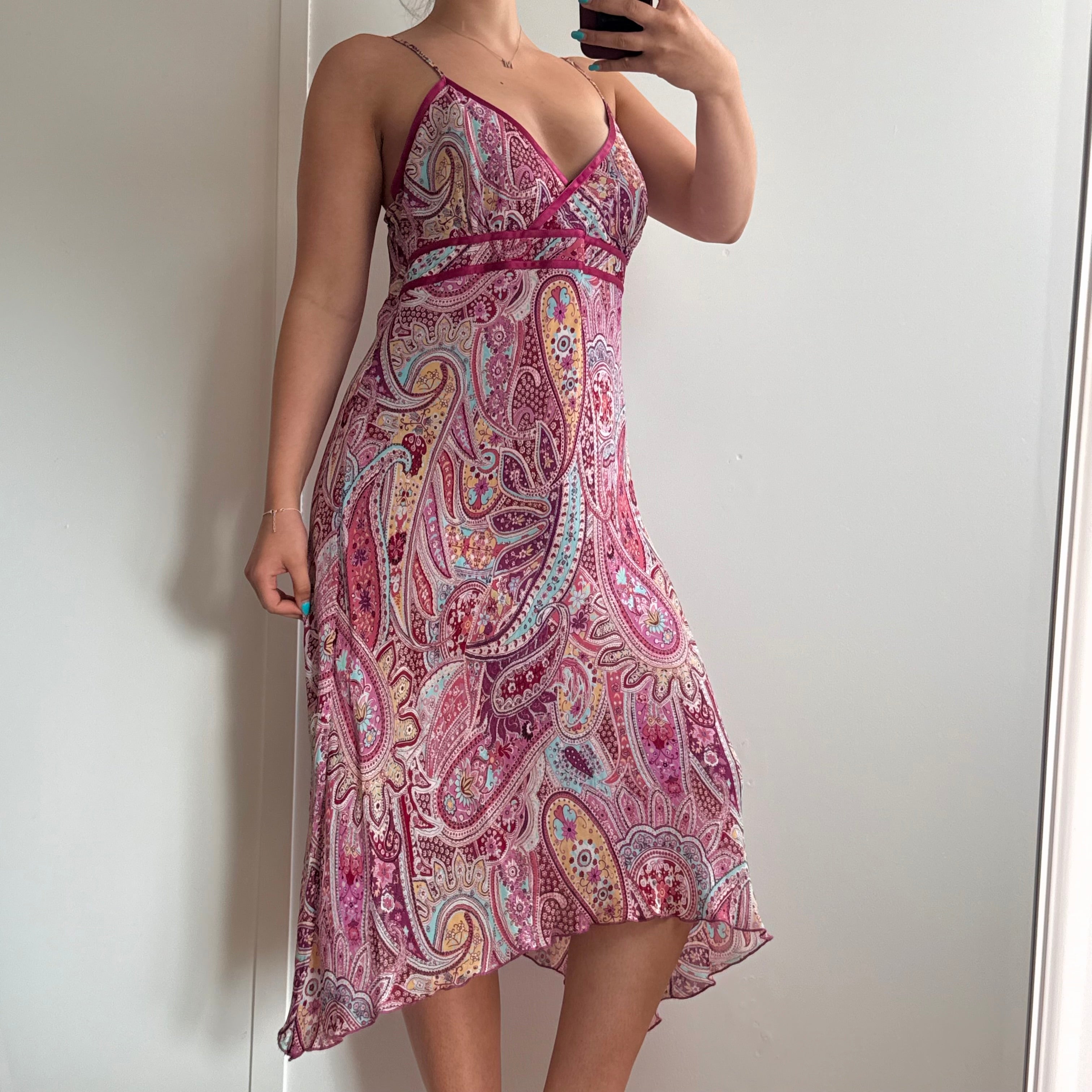 Pink patterned asymmetrical mesh midi dress