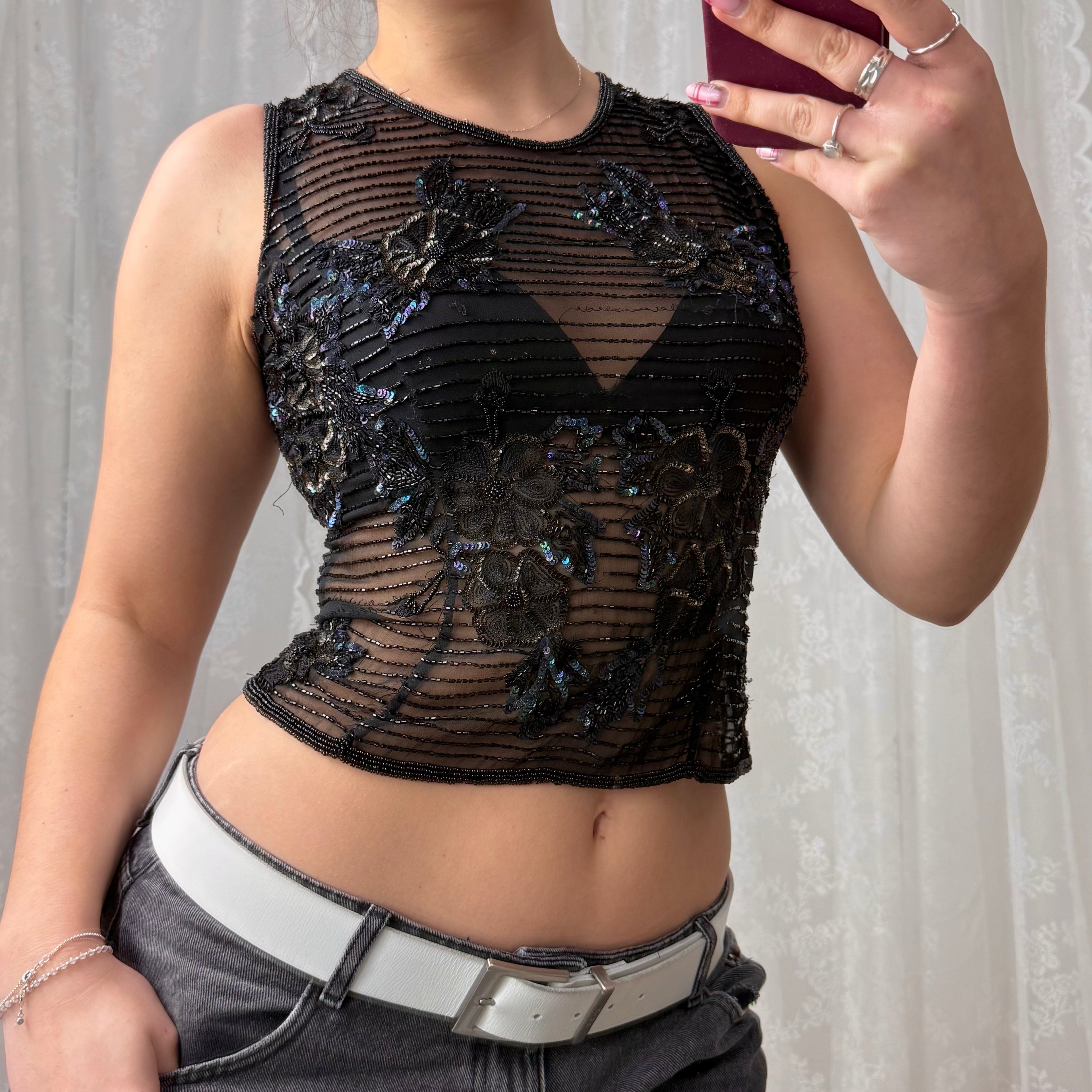 Black sequin beaded silk top