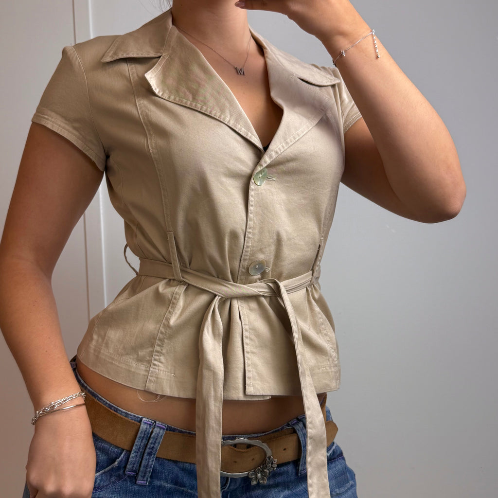 Beige button up top with tie waist