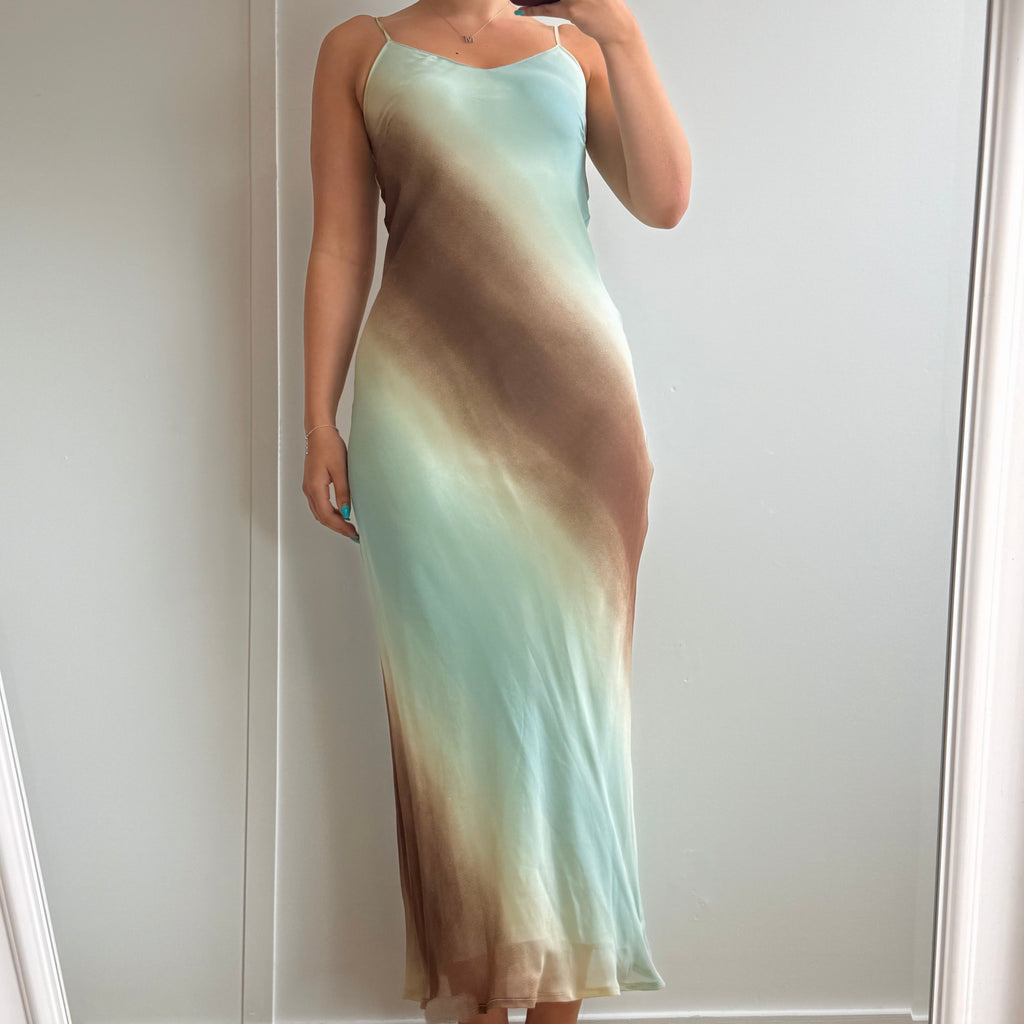 Blue and brown fitted mesh maxi dress