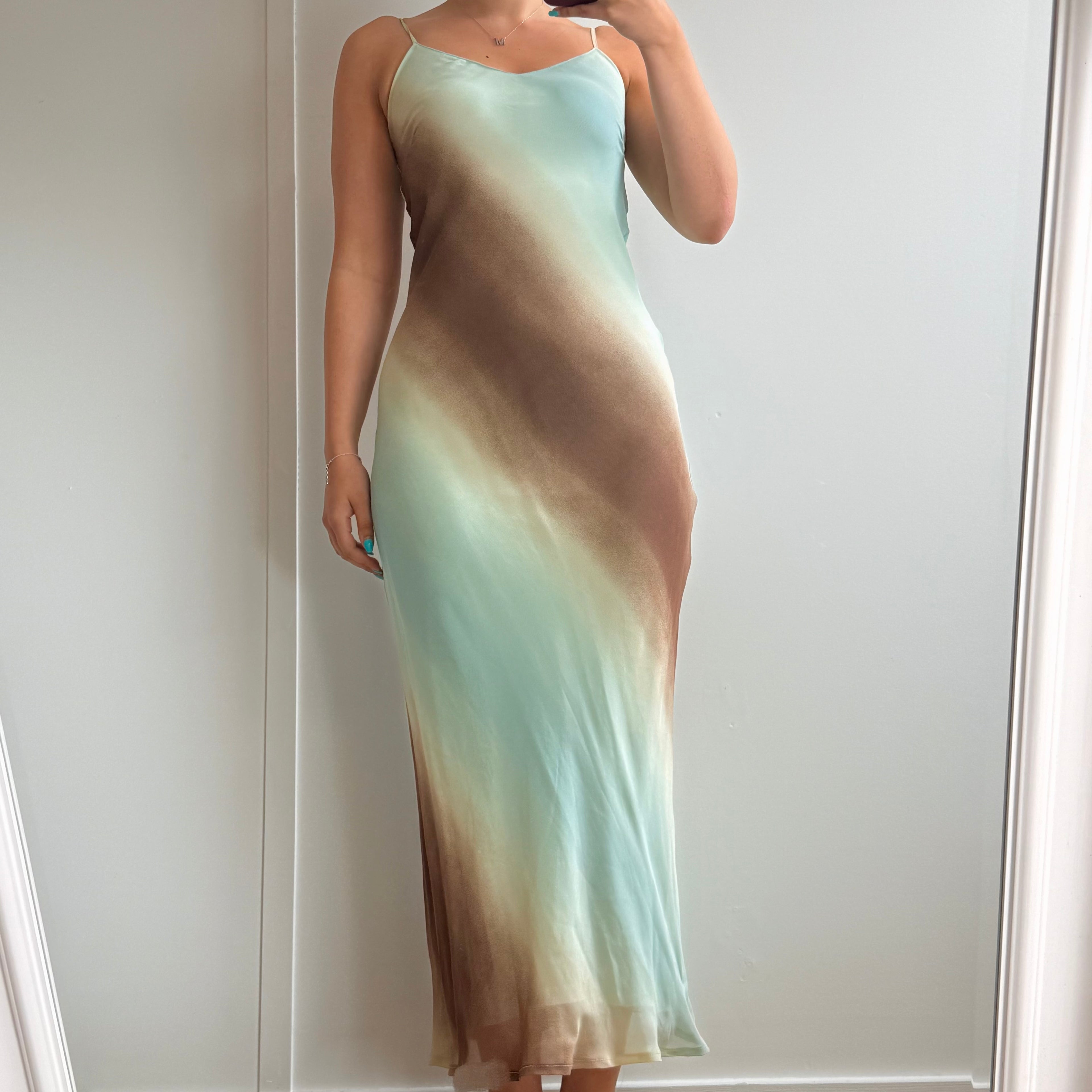 Blue and brown fitted mesh maxi dress