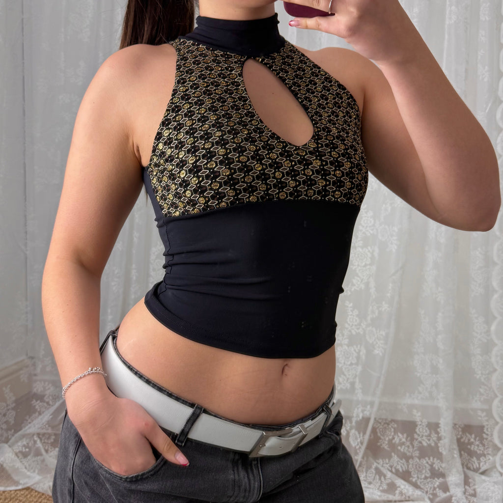 Black and gold glittery cut out top
