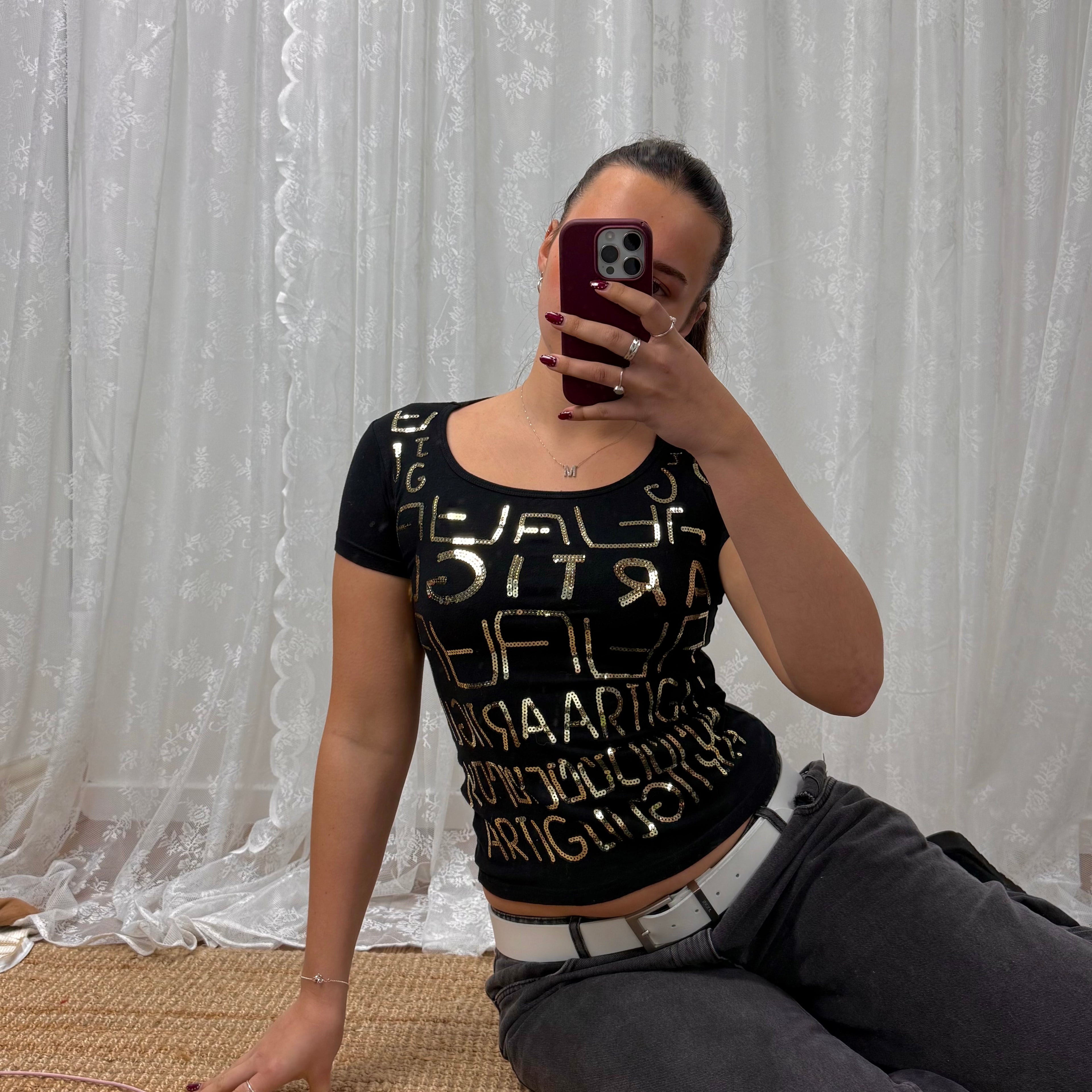 Black gold sequin baby tee