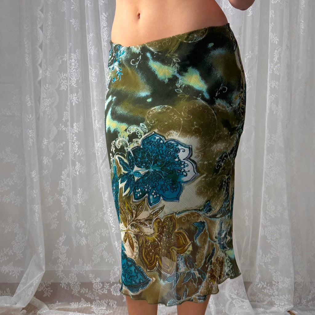 Green patterned mesh midi skirt