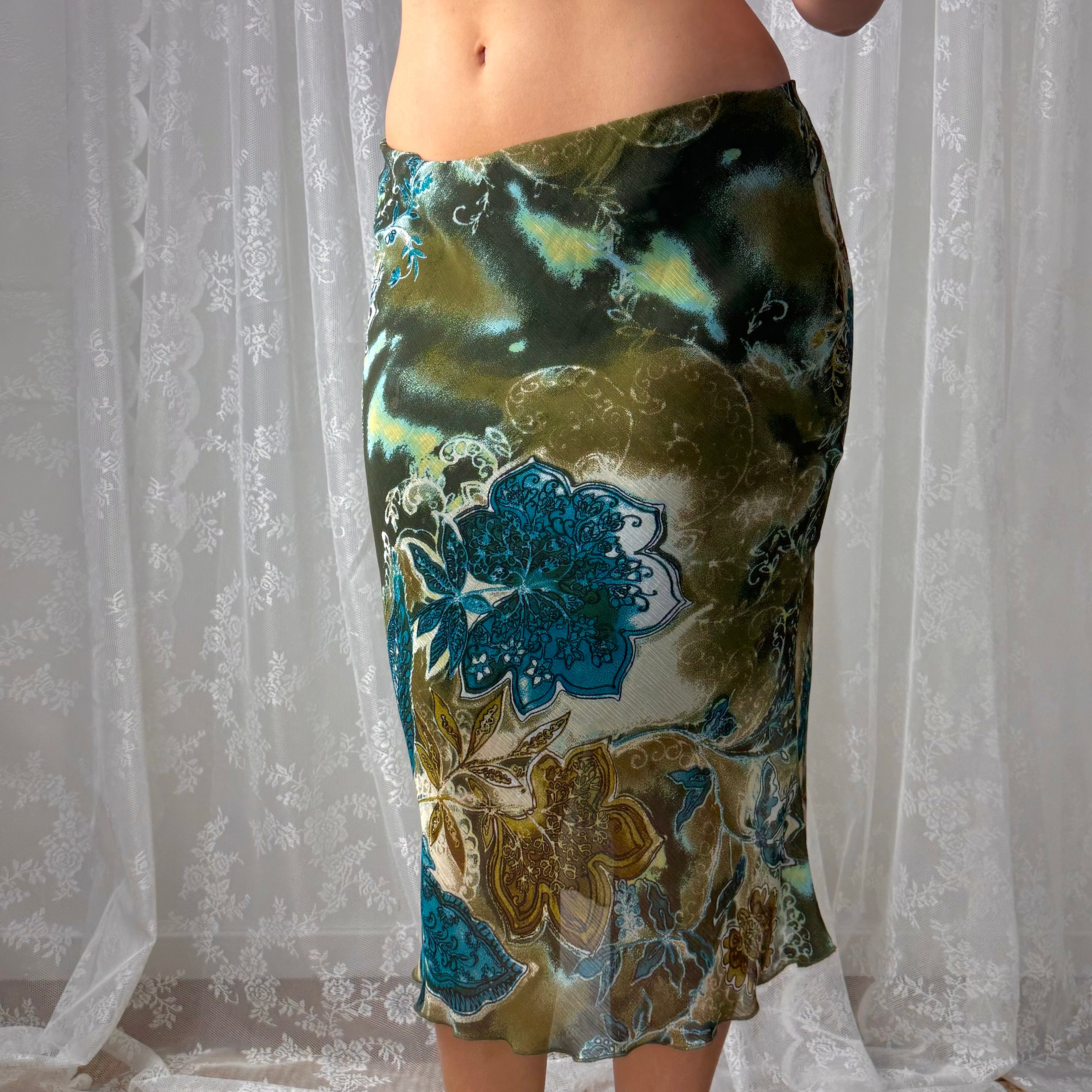Green patterned mesh midi skirt