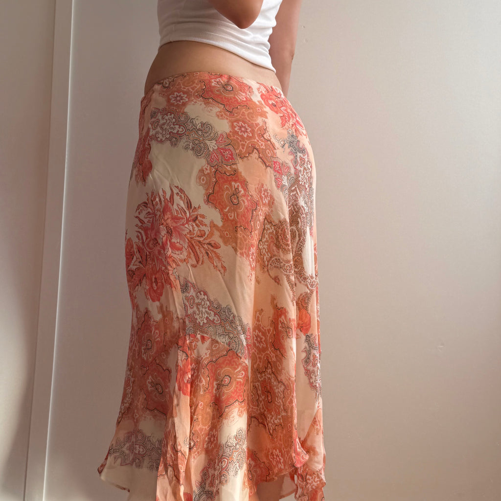 Orange paisley patterned mesh midi skirt