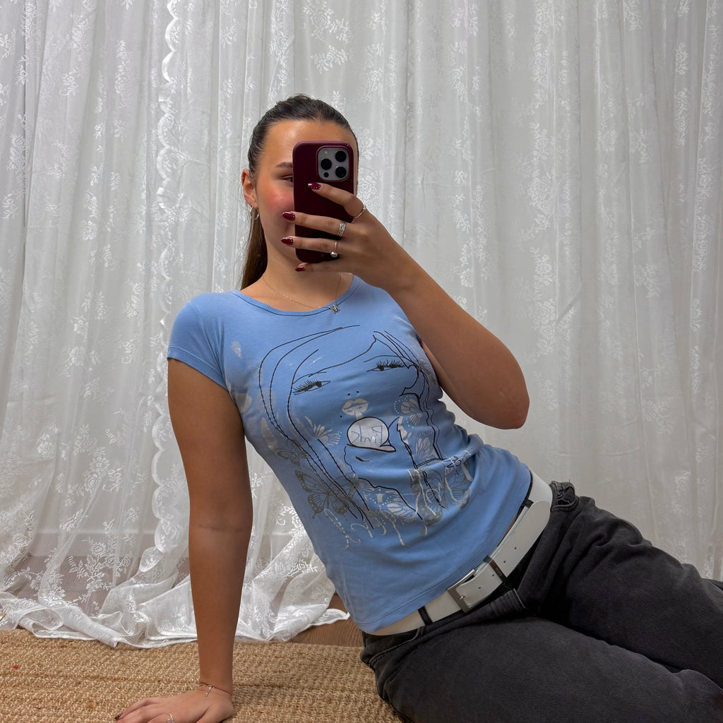 Blue and silver graphic baby tee