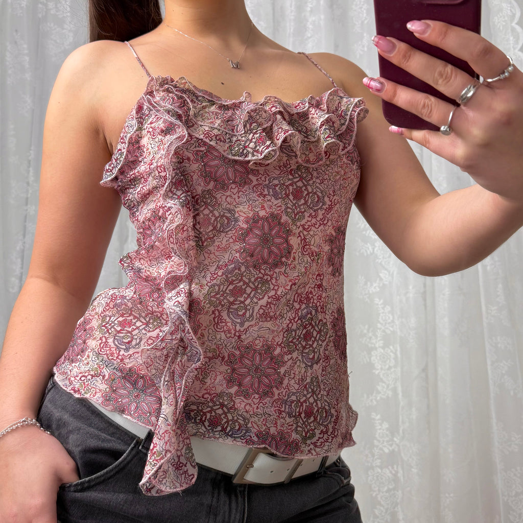Pink and white paisley ruffle cami top