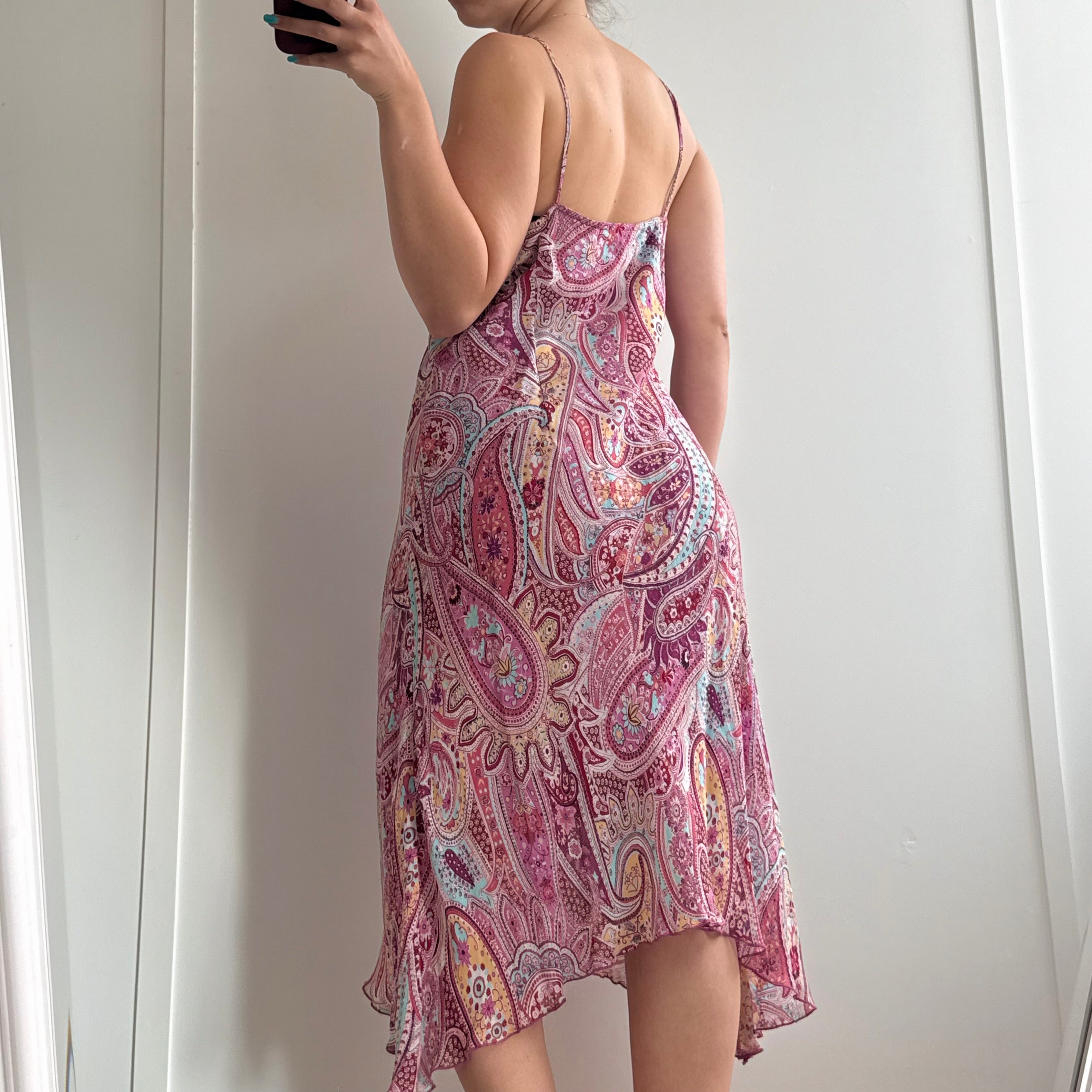 Pink patterned asymmetrical mesh midi dress
