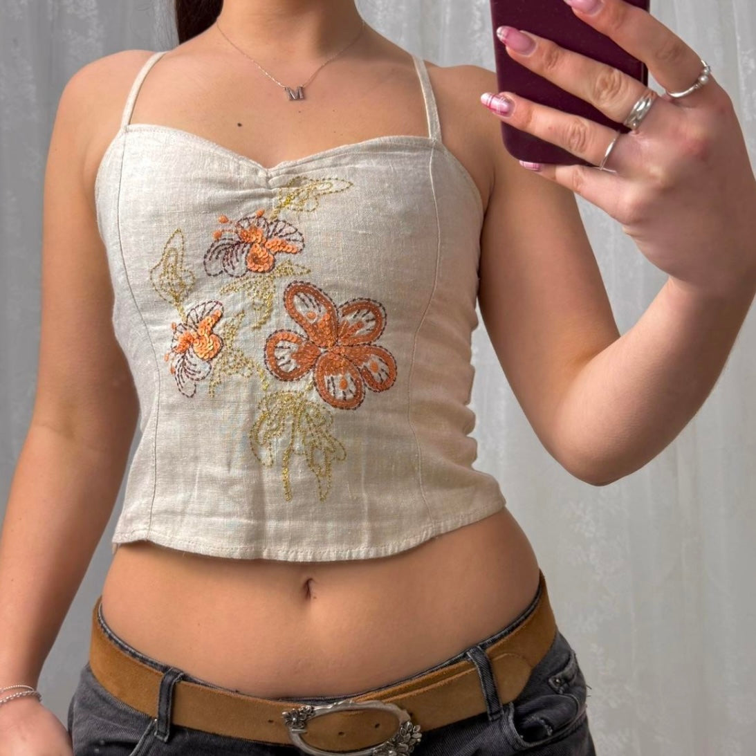 Beige embodied linen style top
