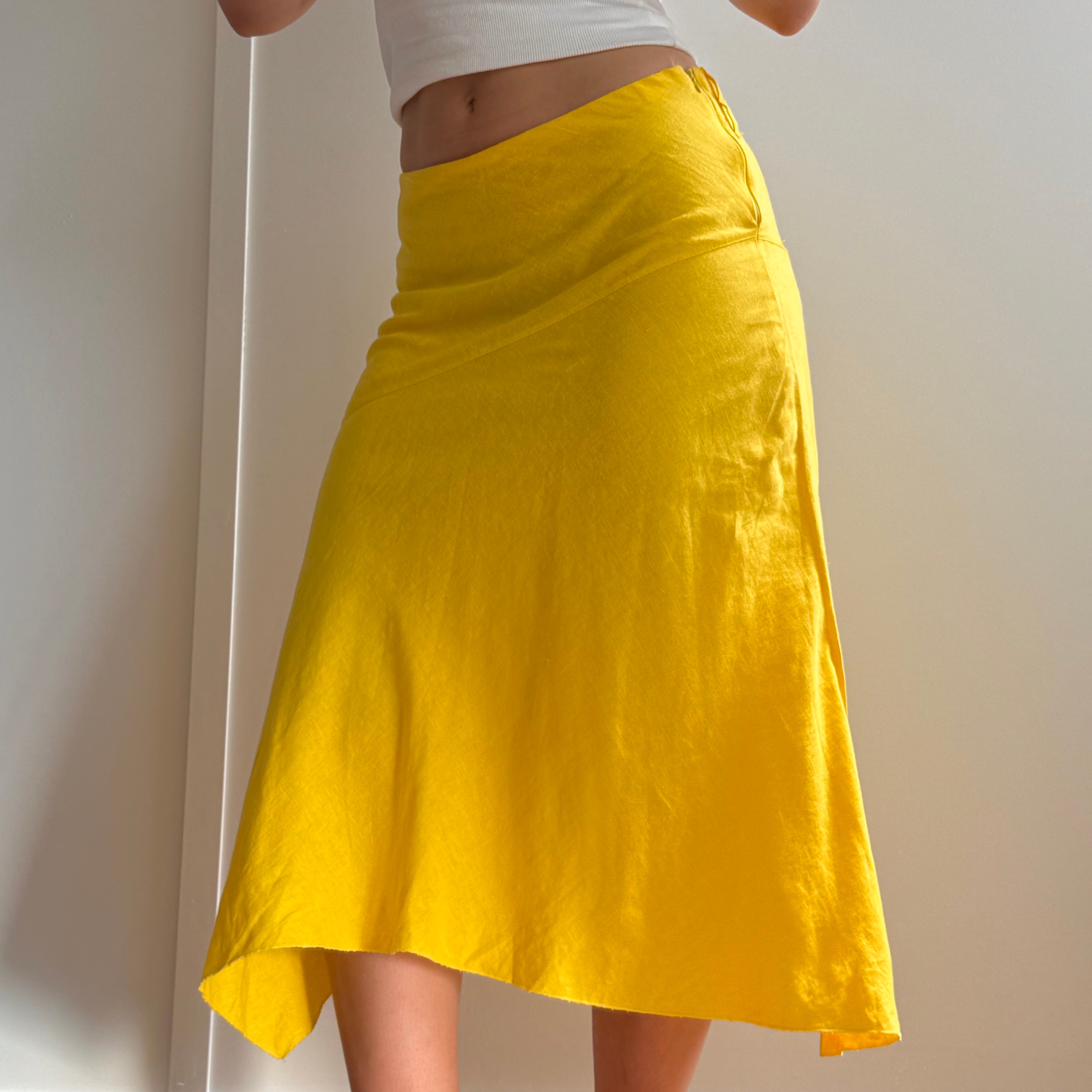 Yellow linen asymmetrical midi skirt