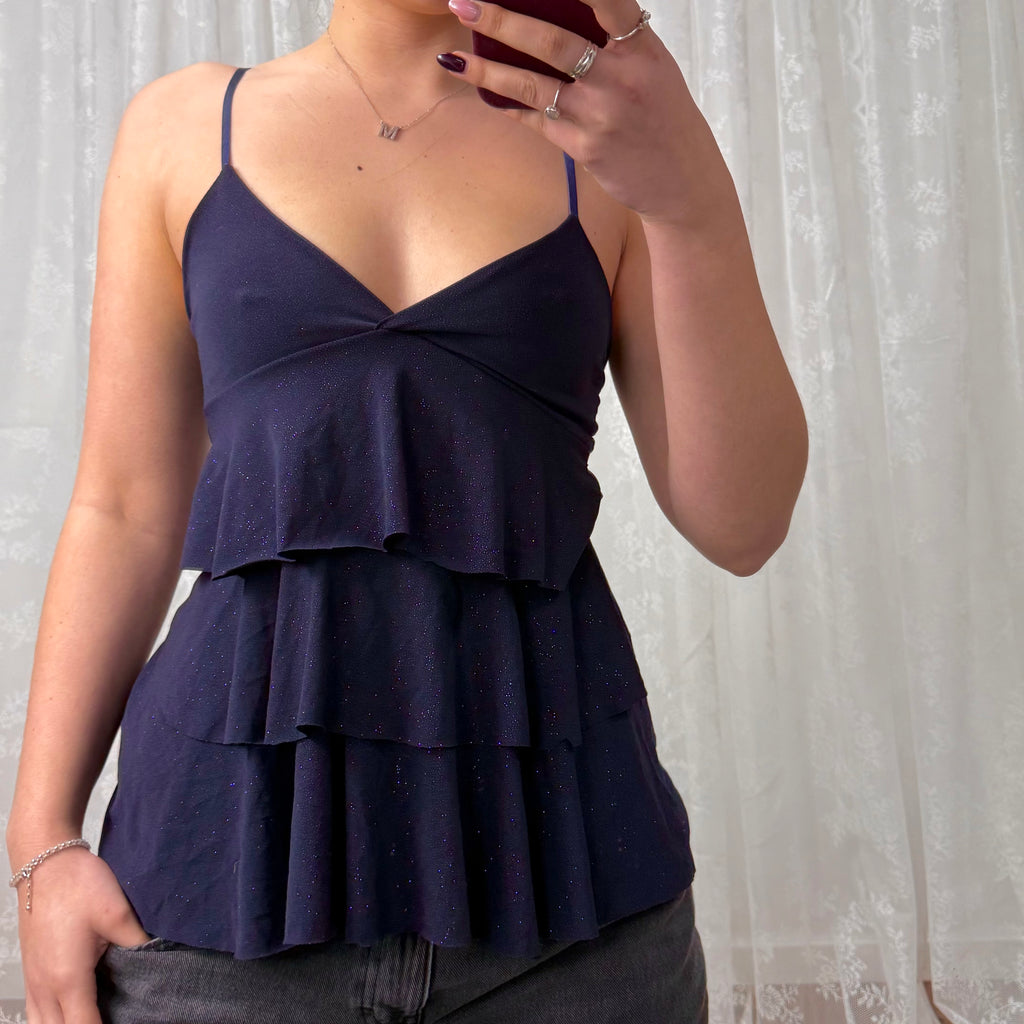 Navy glittery ruffle cami top