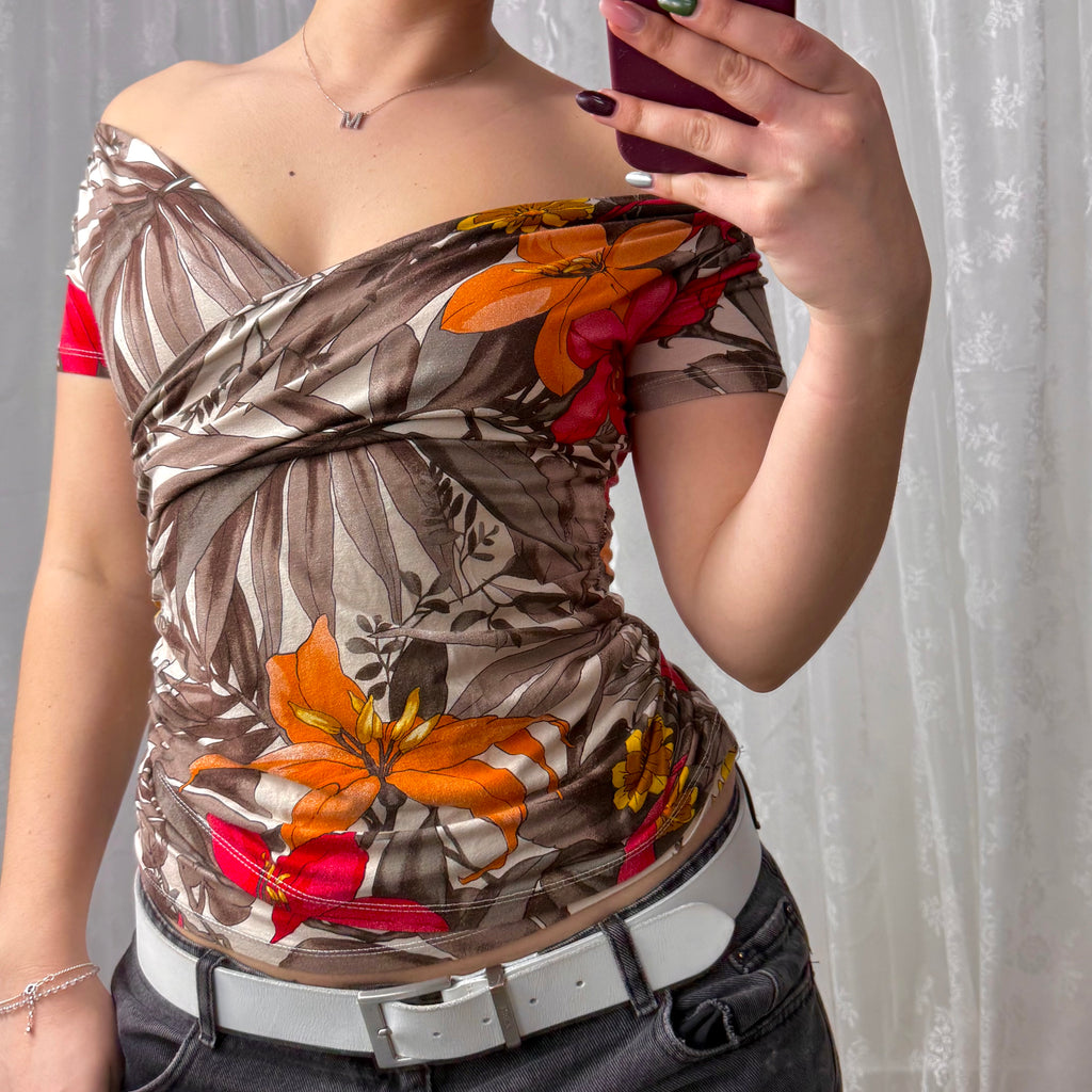 Multicoloured patterned wrap top