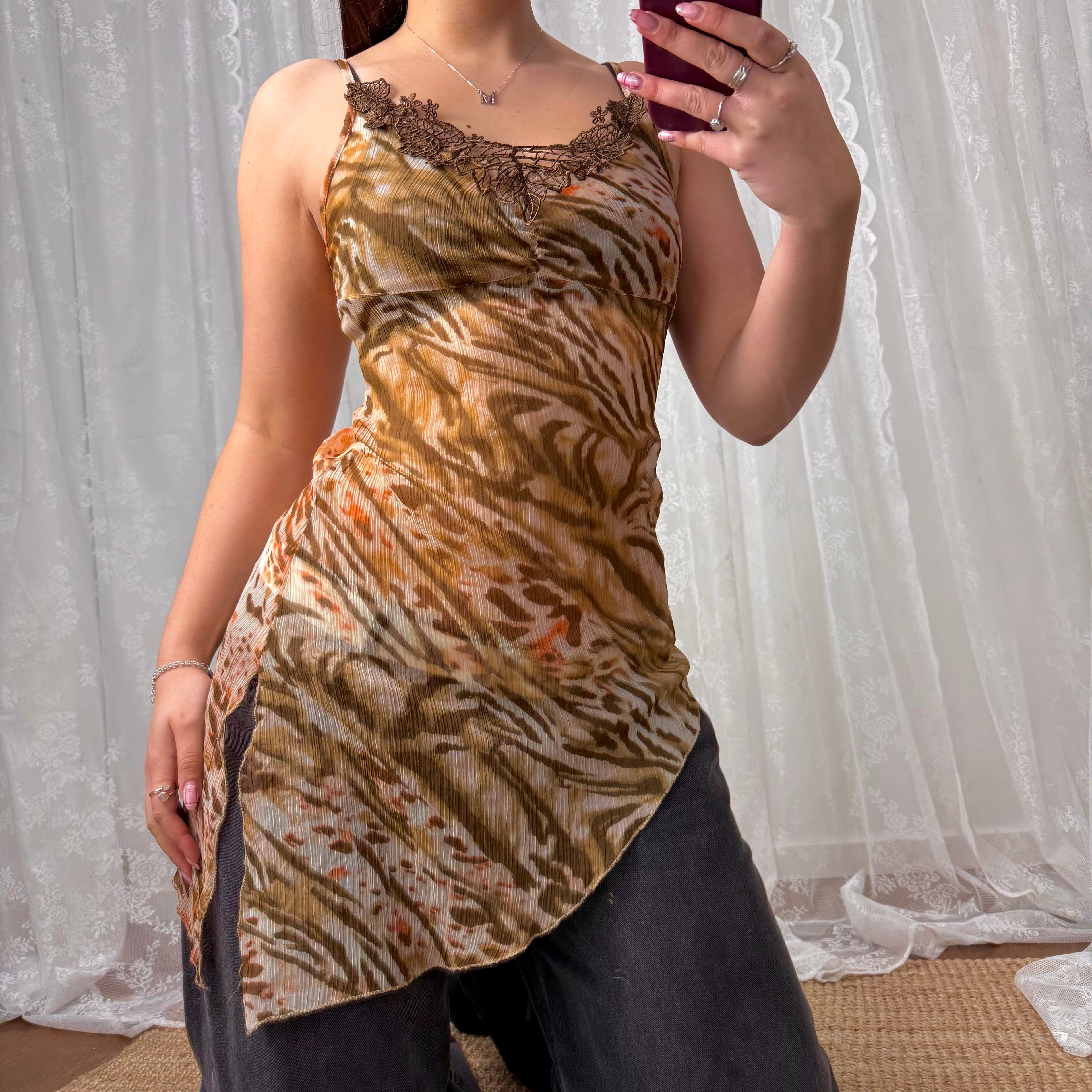 Longlined mesh brown patterned cami top with lace detailing