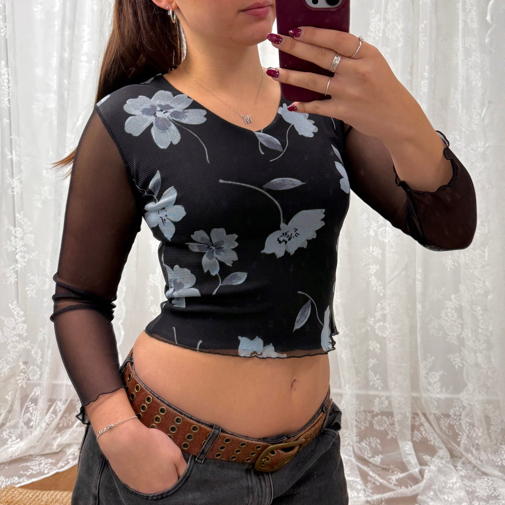 Black and Bluey/grey floral mesh long sleeved top