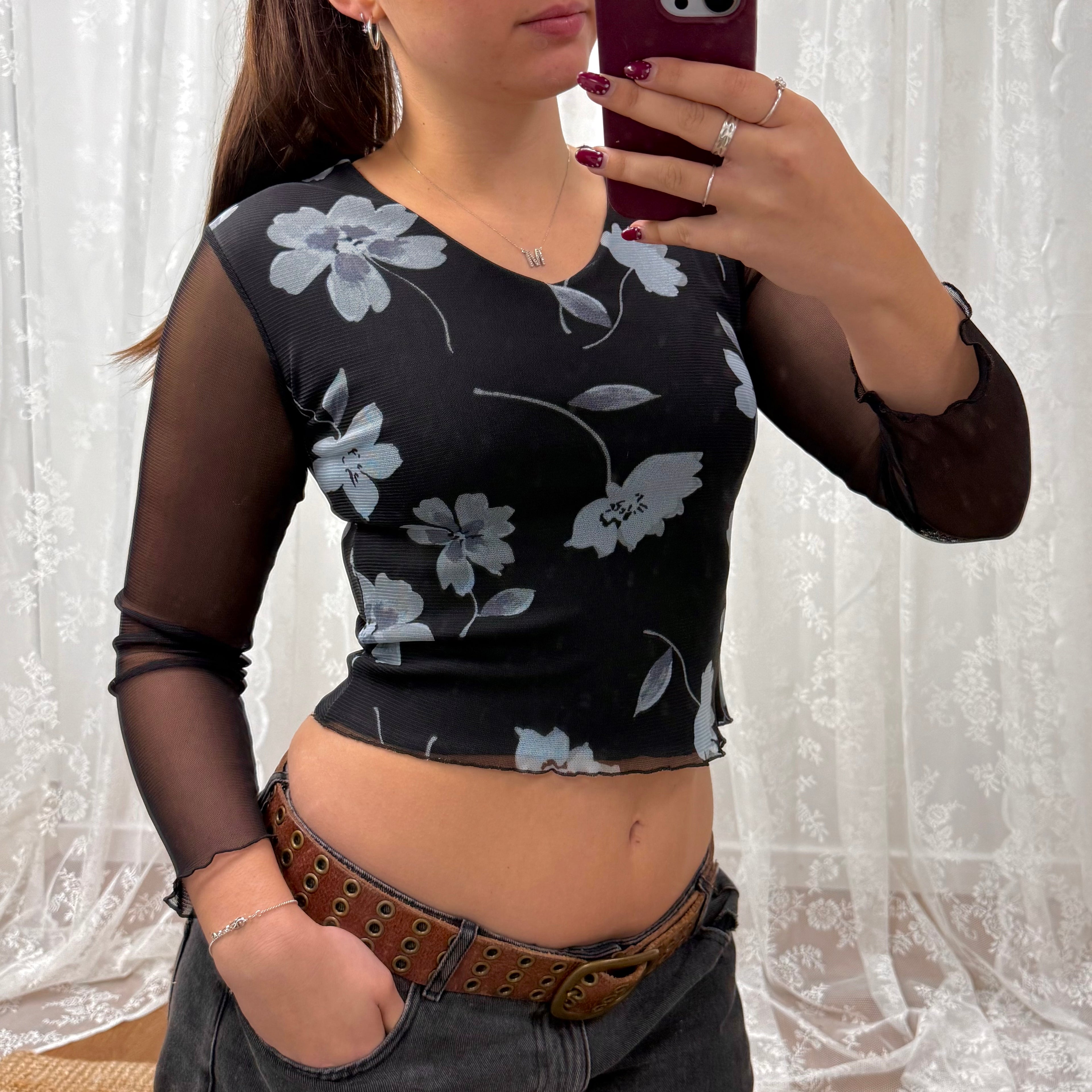 Black and Bluey/grey floral mesh long sleeved top