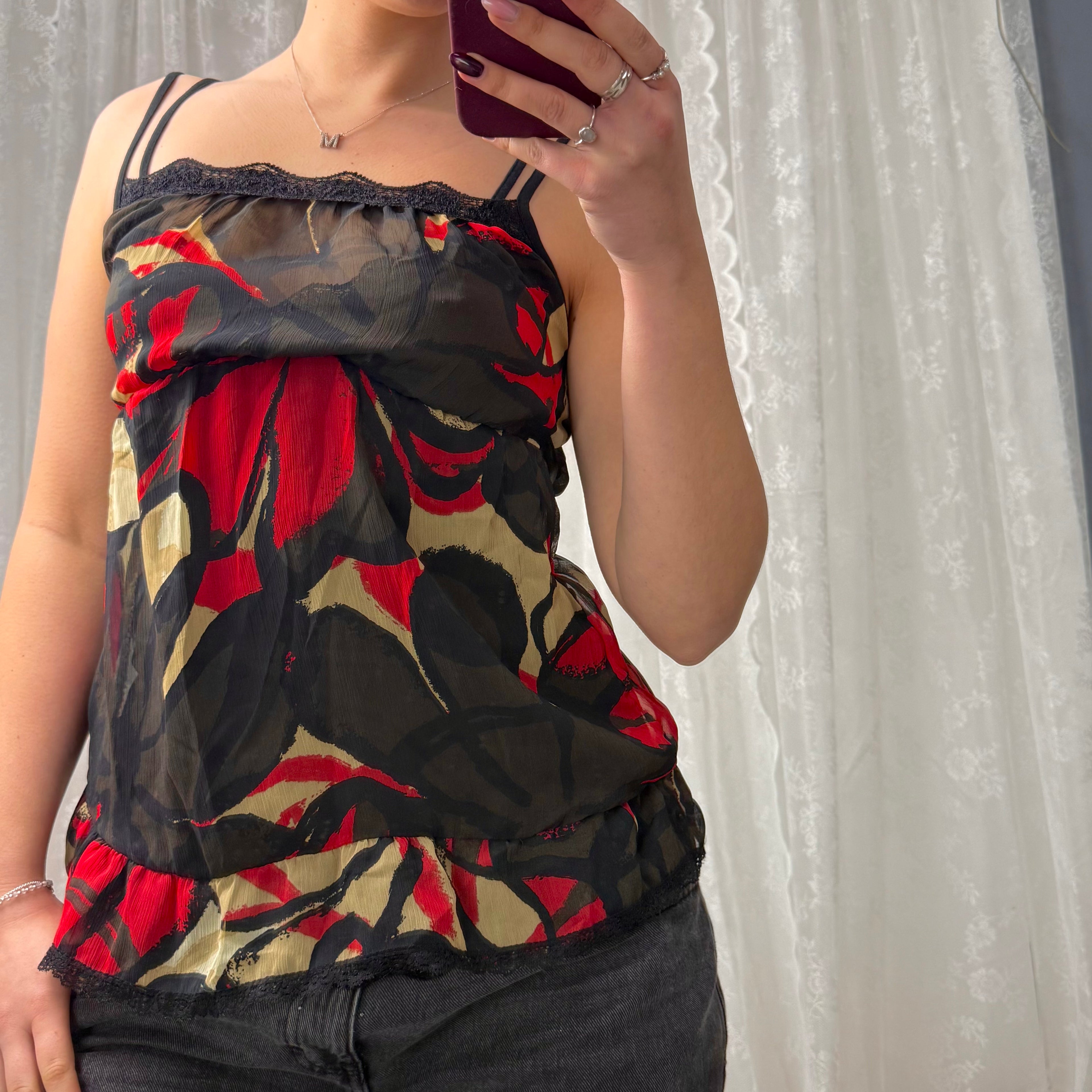 Red and black layered mesh cami top