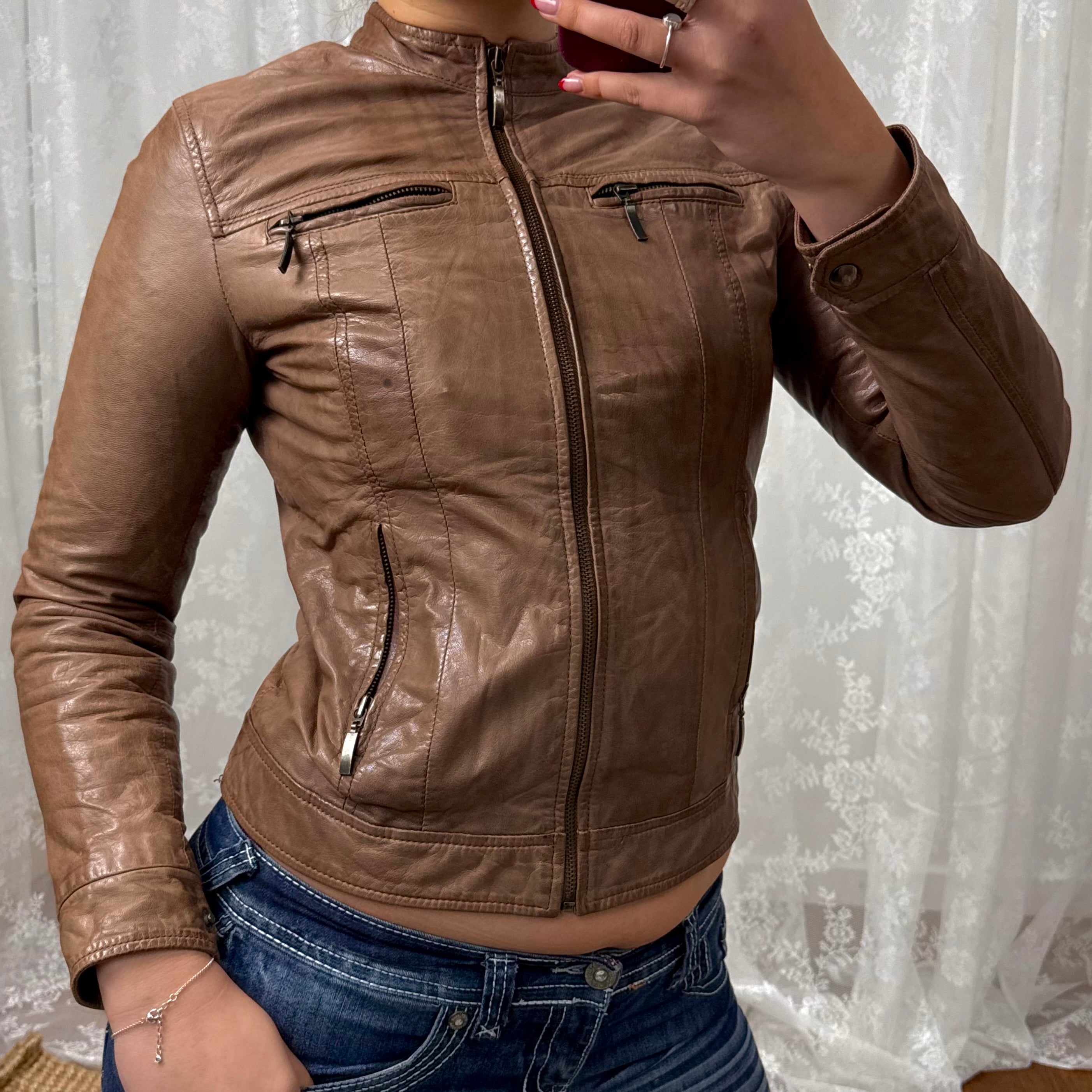 Brown leather zip up jacket