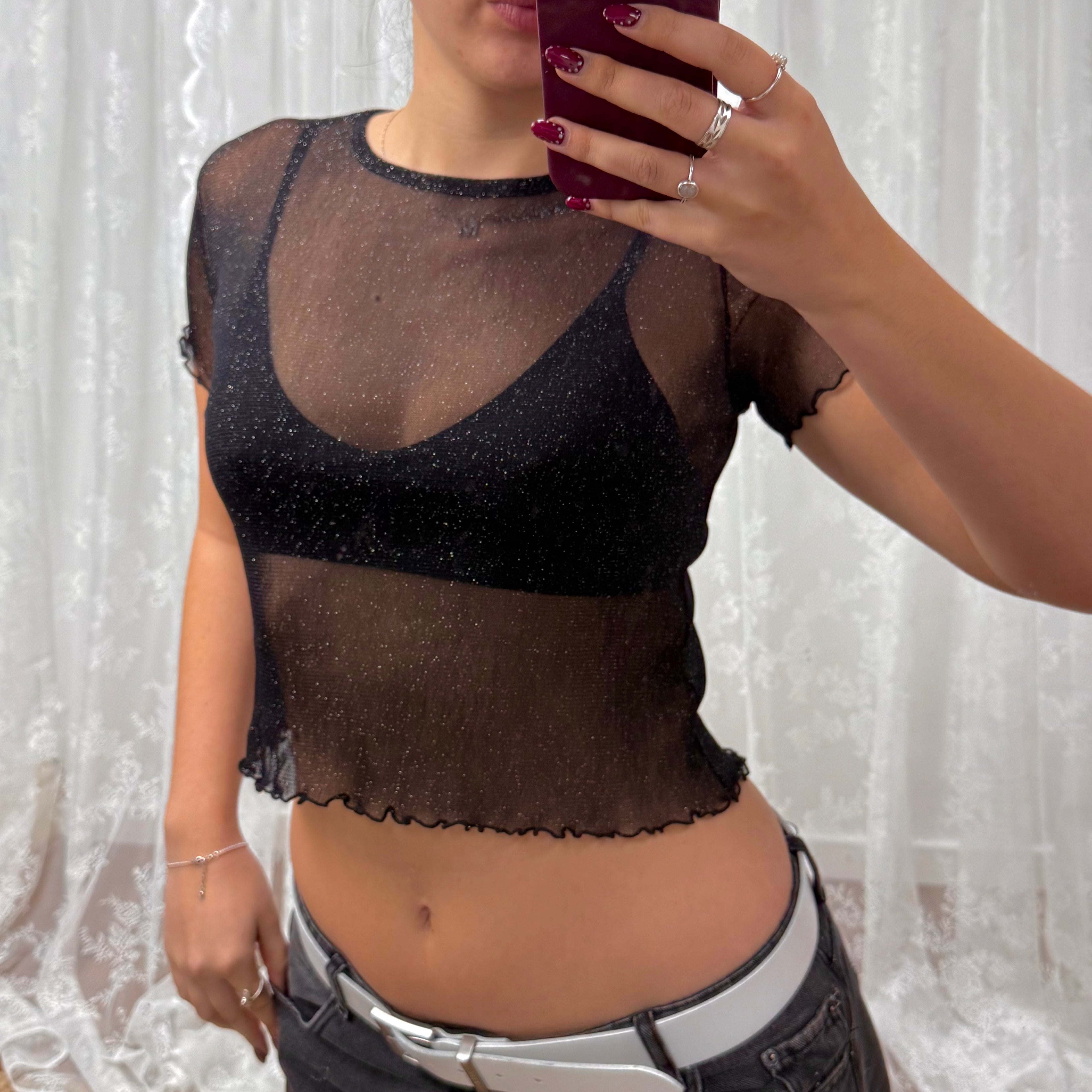 Black glittery mesh top