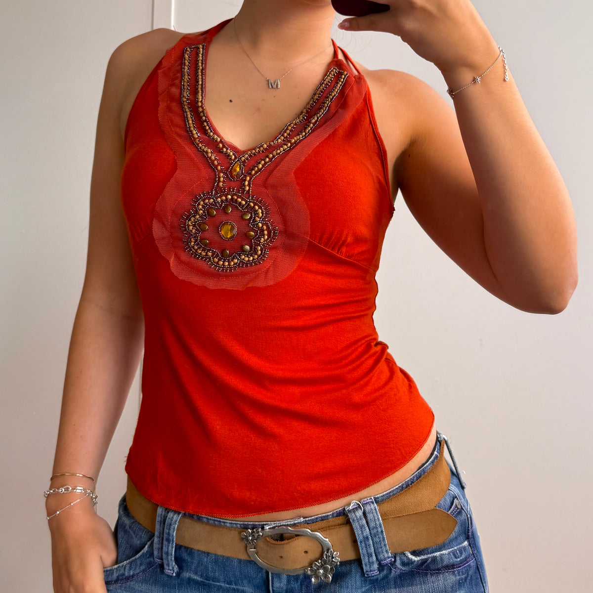 Orange beaded detailed cami with two straps