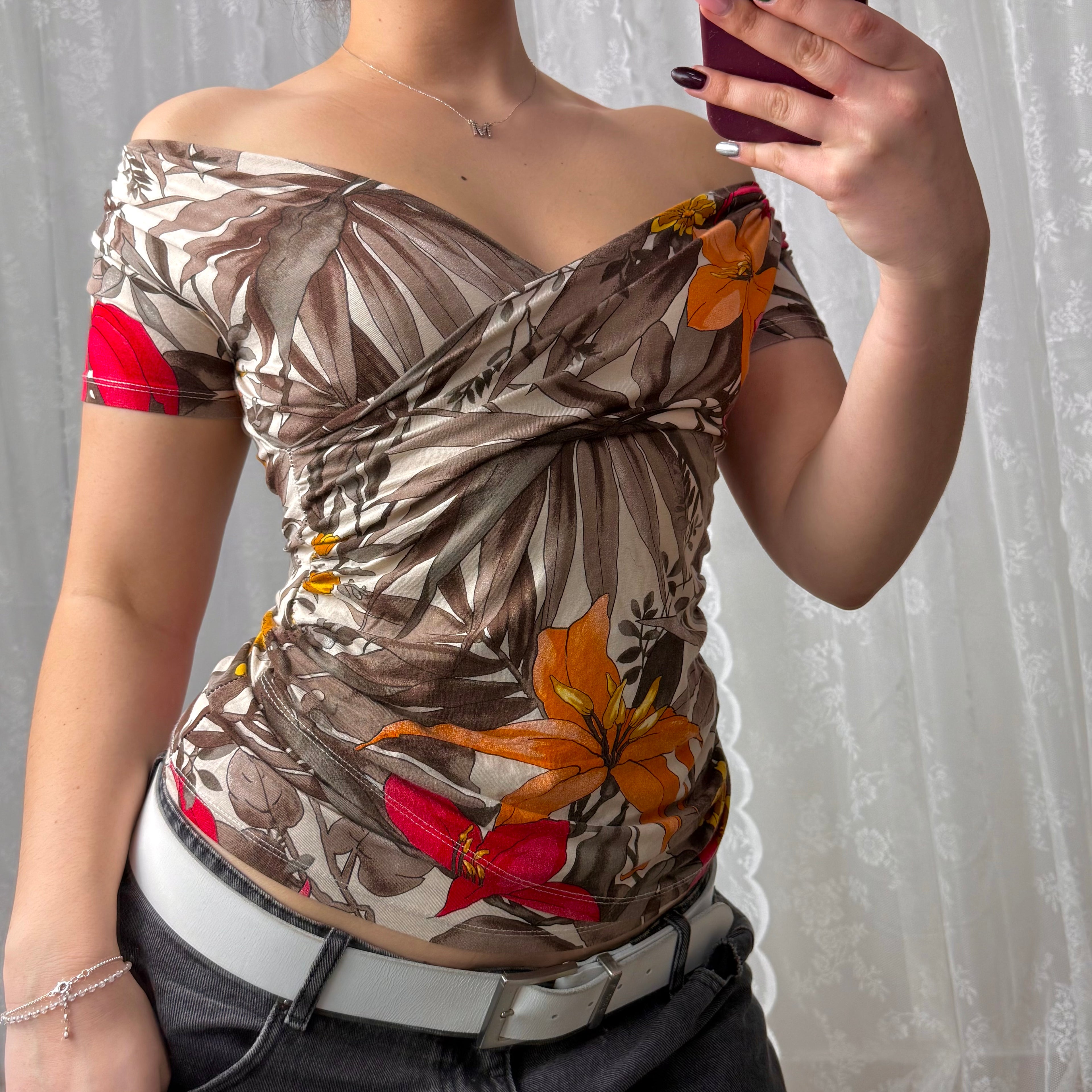 Multicoloured patterned wrap top