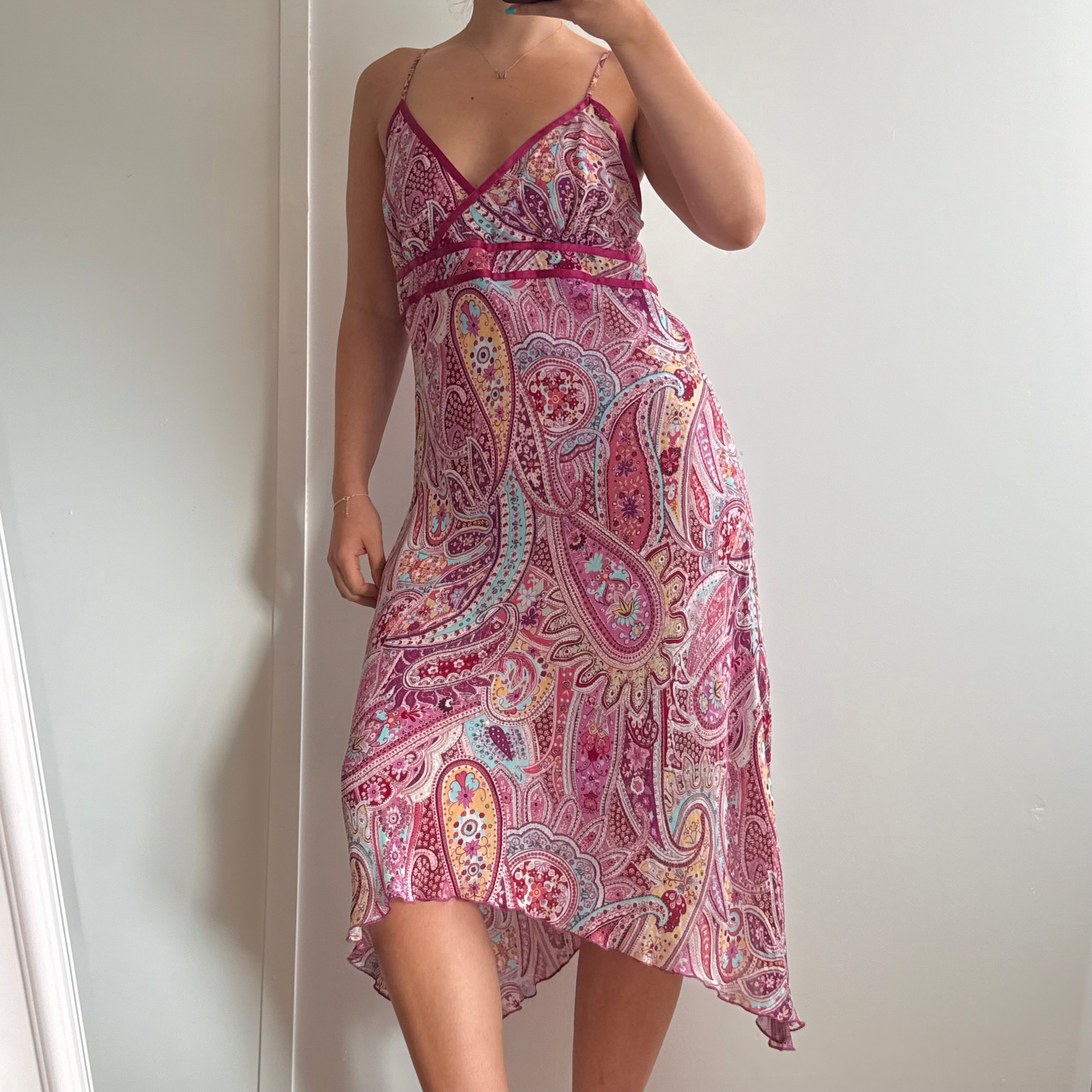 Pink patterned asymmetrical mesh midi dress