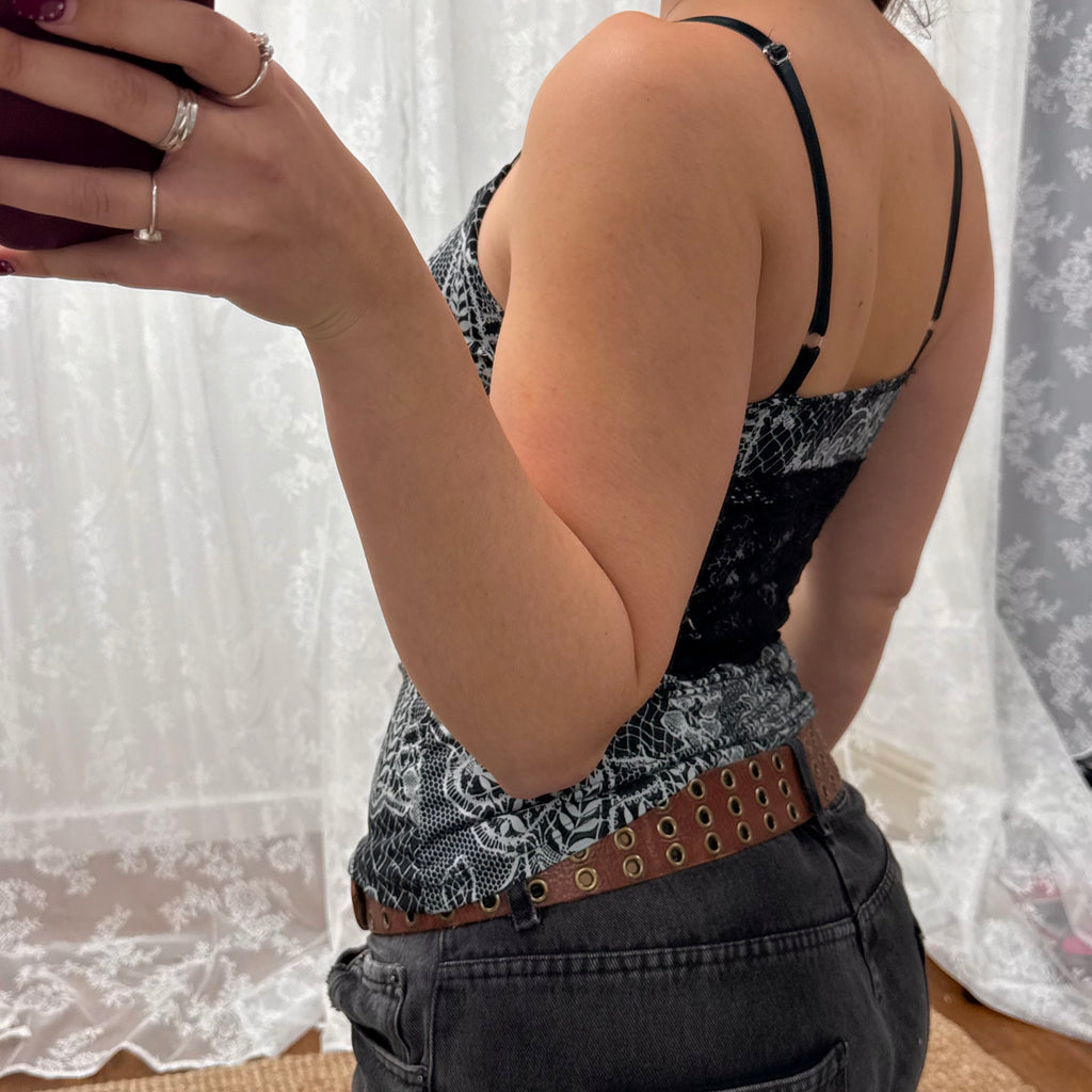 Black and white slinky lace cami top