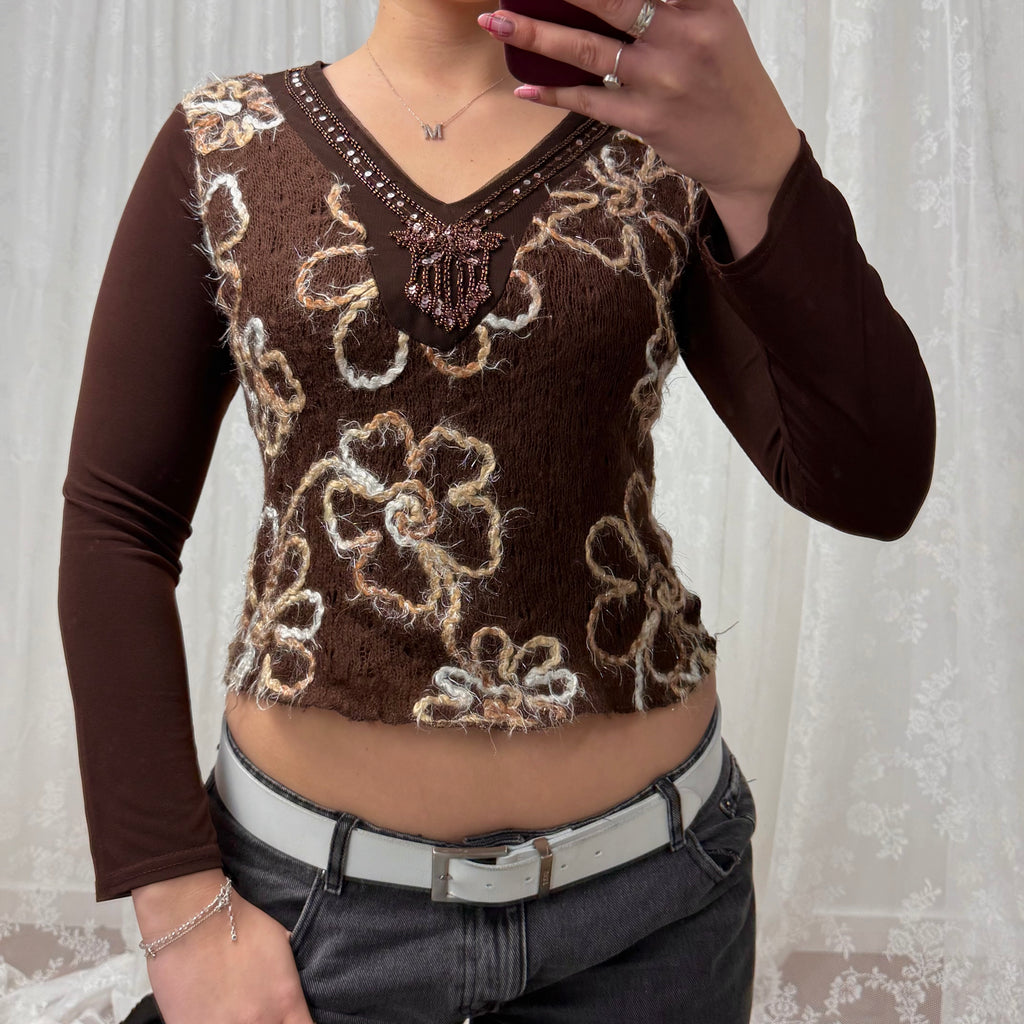 Brown patterned sequin long sleeved top