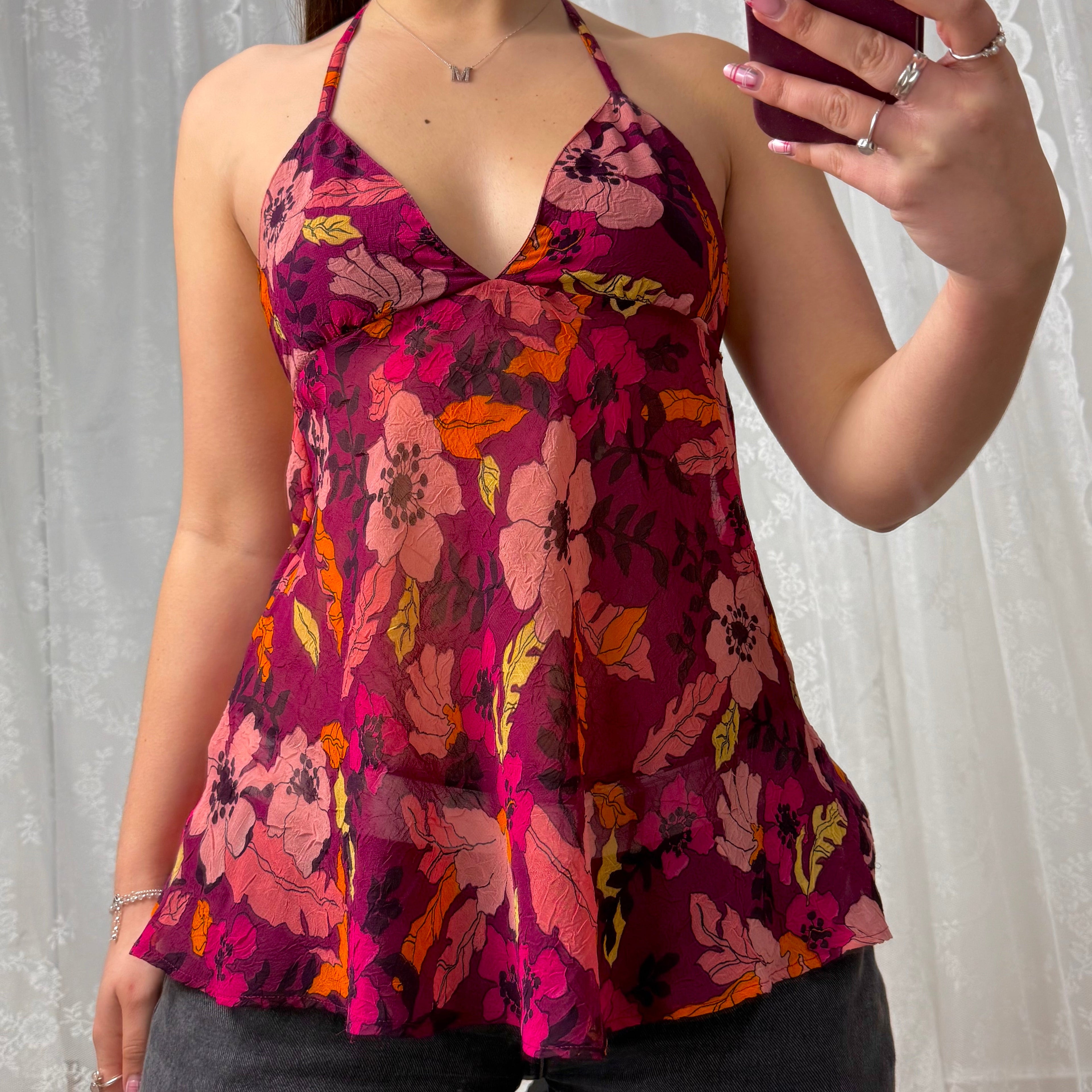 Floral pink floaty chiffon halterneck top