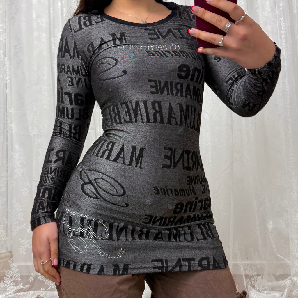 Grey and black logo mini dress with rhinestones