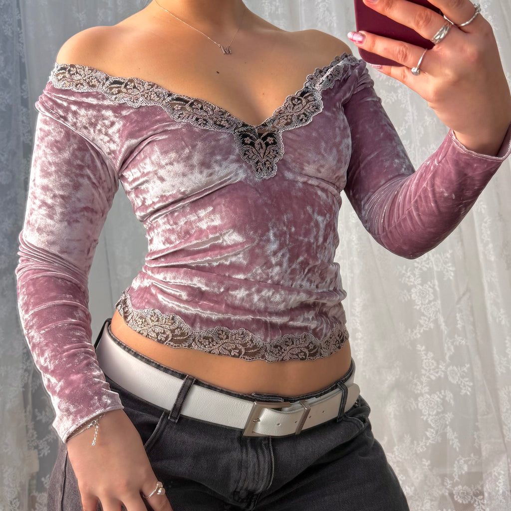 Pink velvet lace long sleeved top