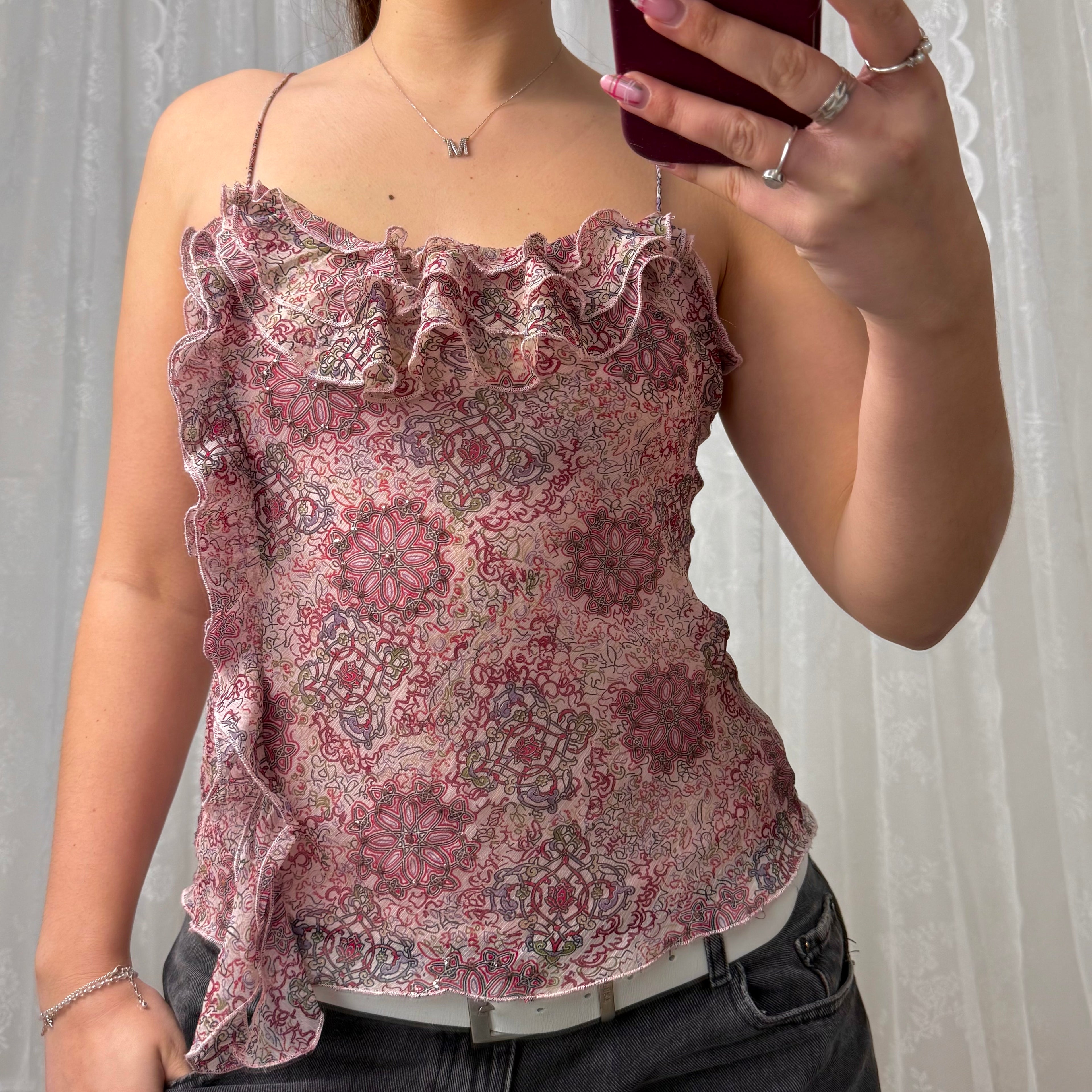 Pink and white paisley ruffle cami top
