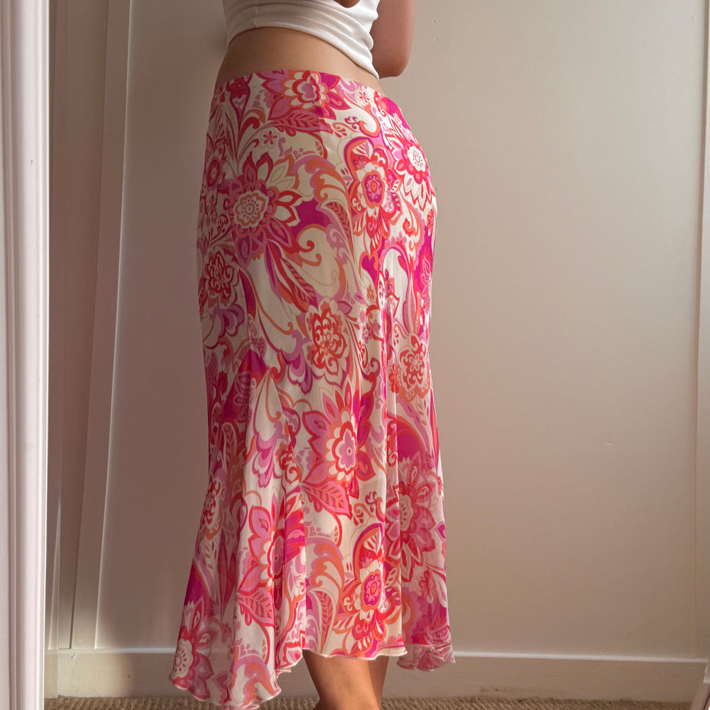 Pink patterned mesh midi skirt