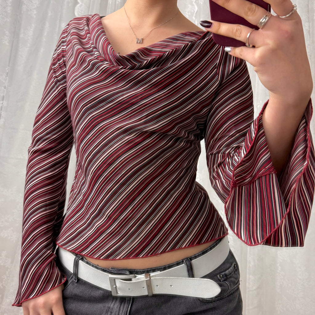 Red striped cowl neck long sleeved top