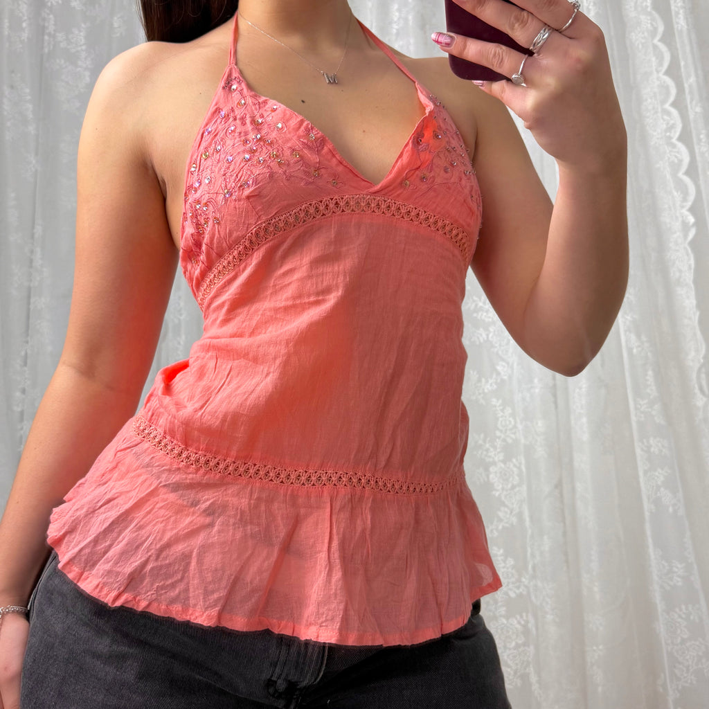 Pink/coral sequin Embroided halterneck top