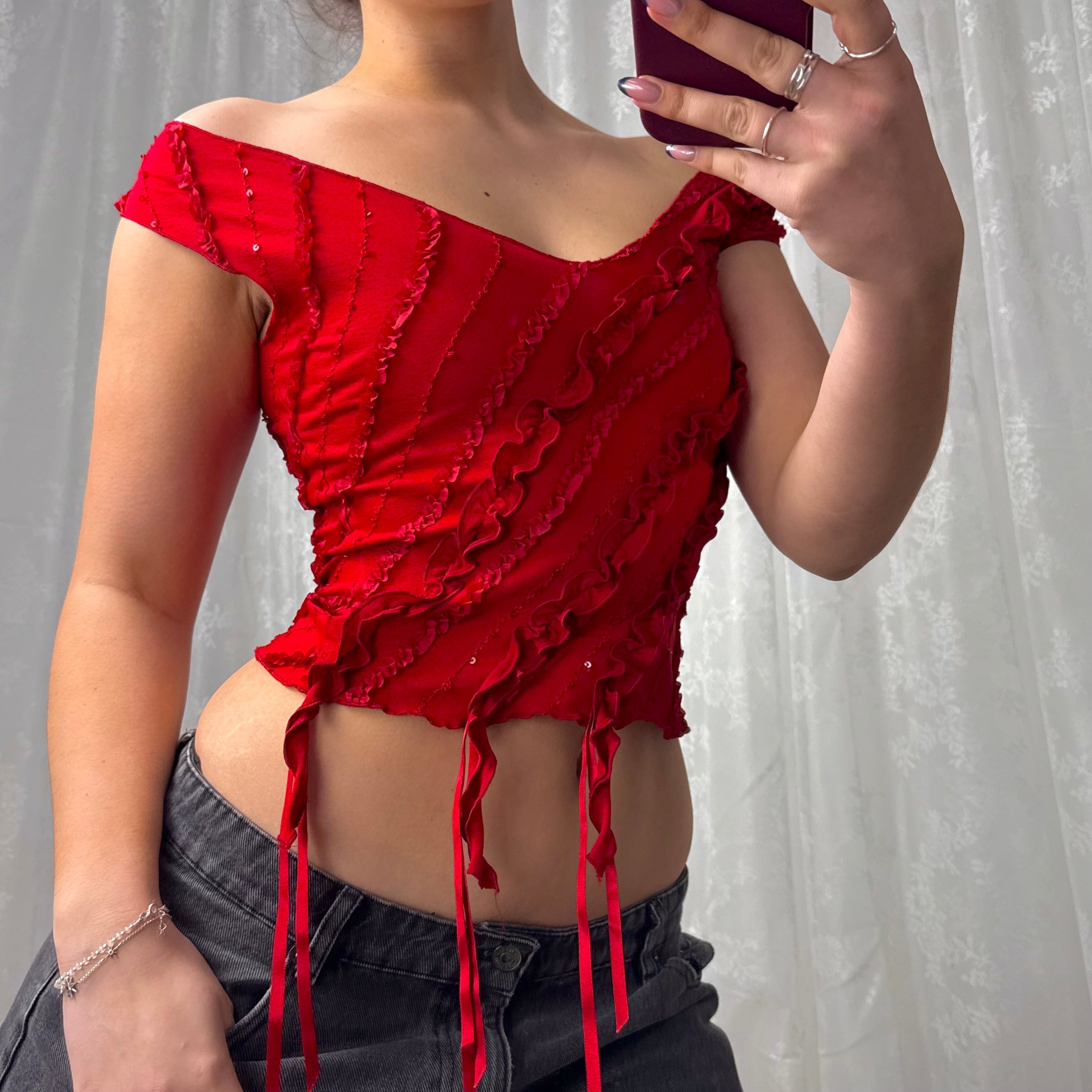 Red sequin detailed top
