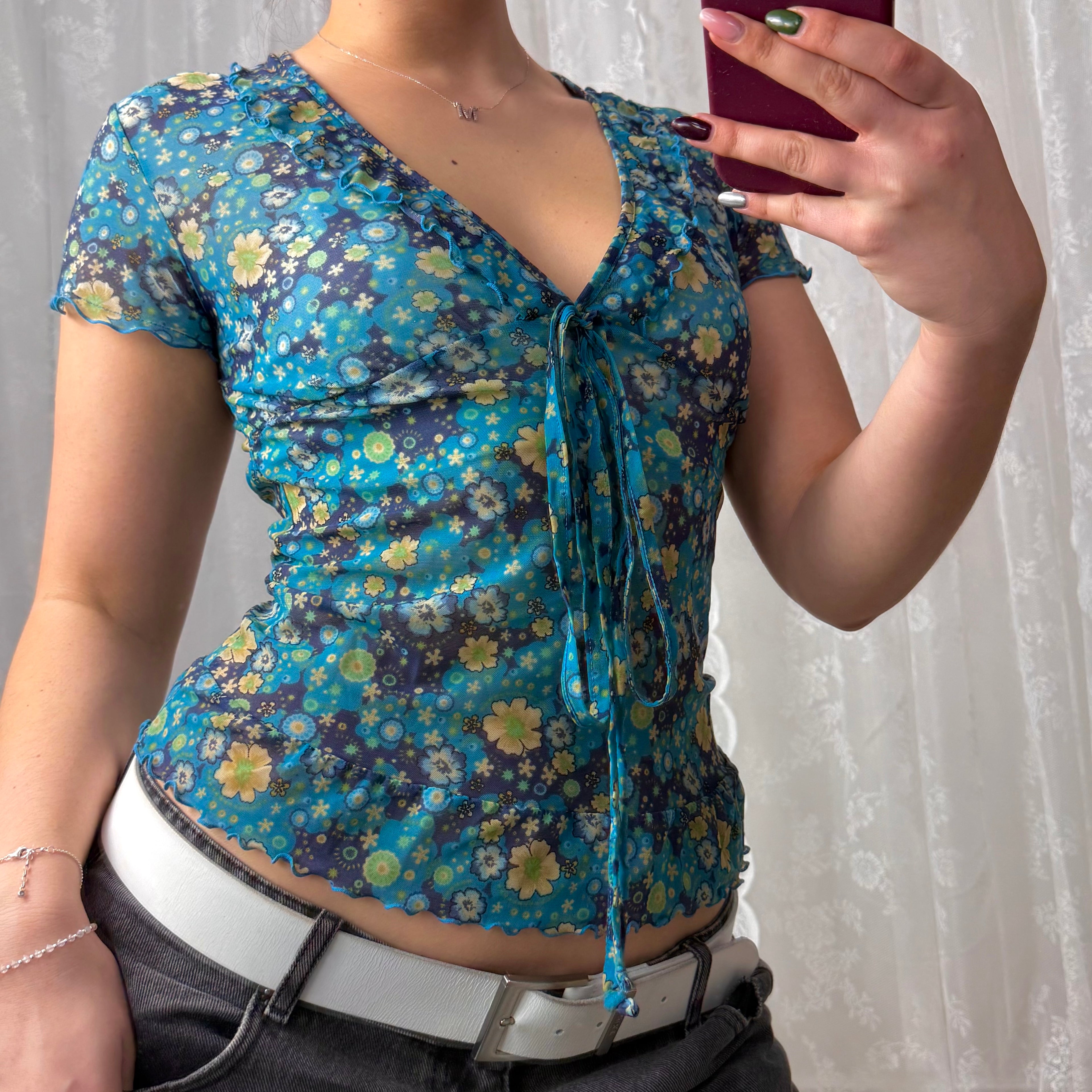 Blue mesh short sleeved floral top