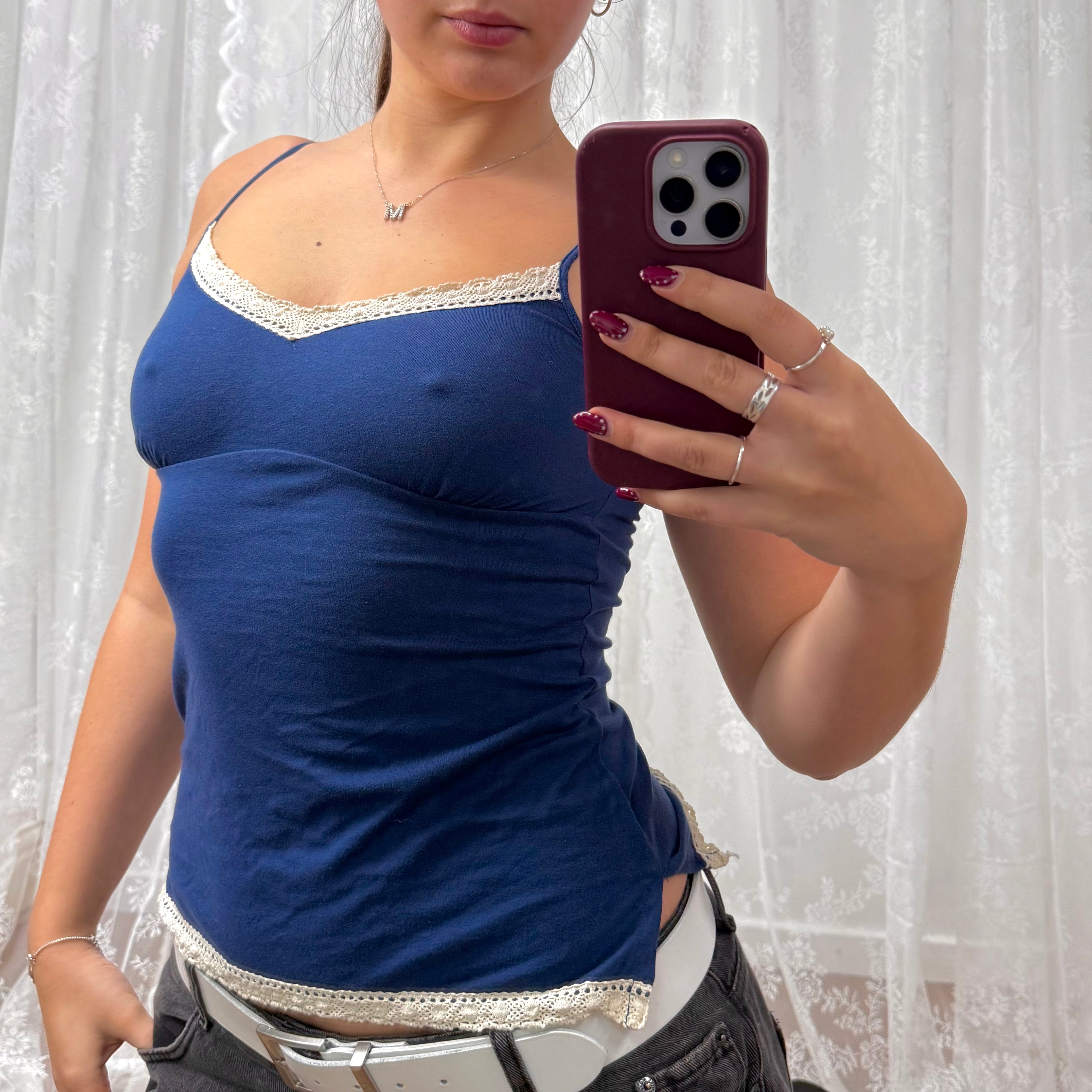 Blue and white textured cami top