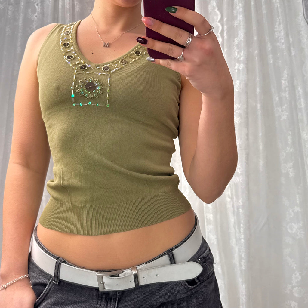 Green sequin and beaded v neck top