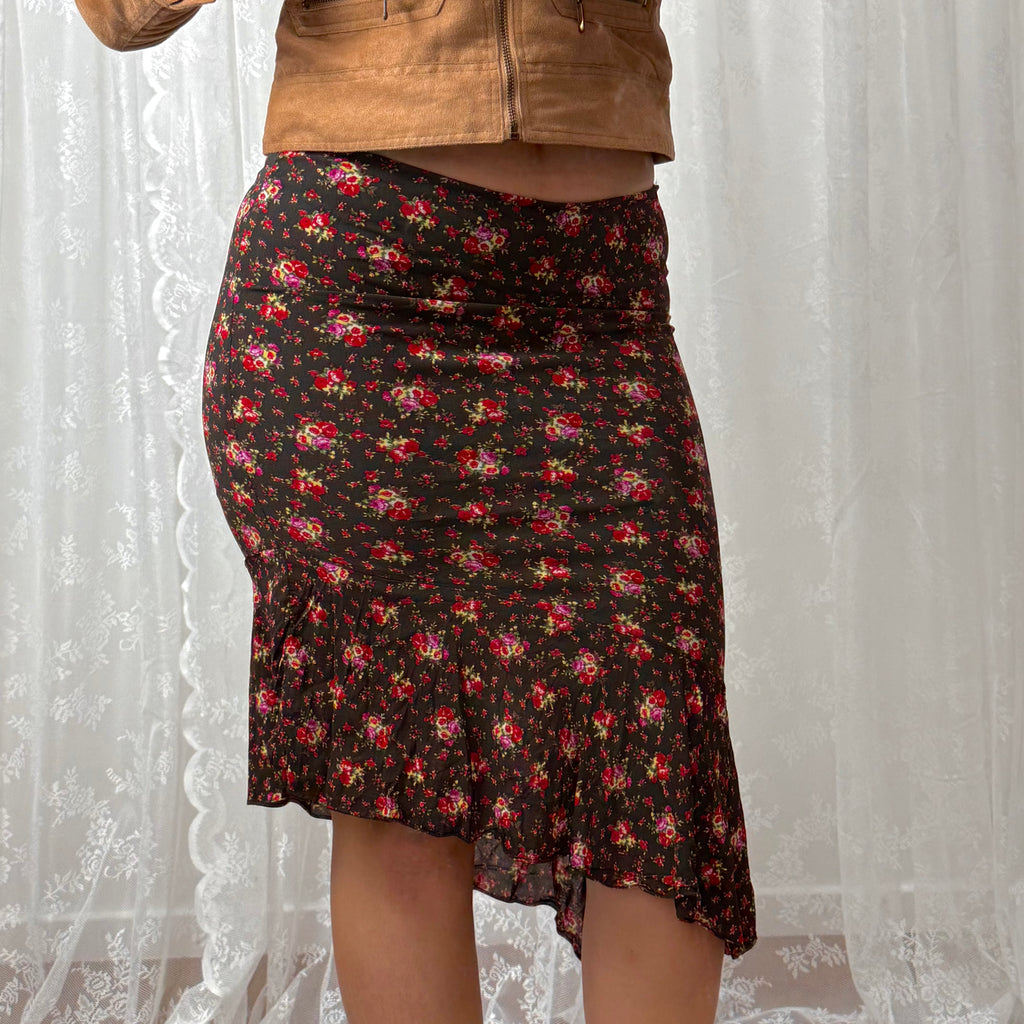 Black floral asymmetrical midi skirt