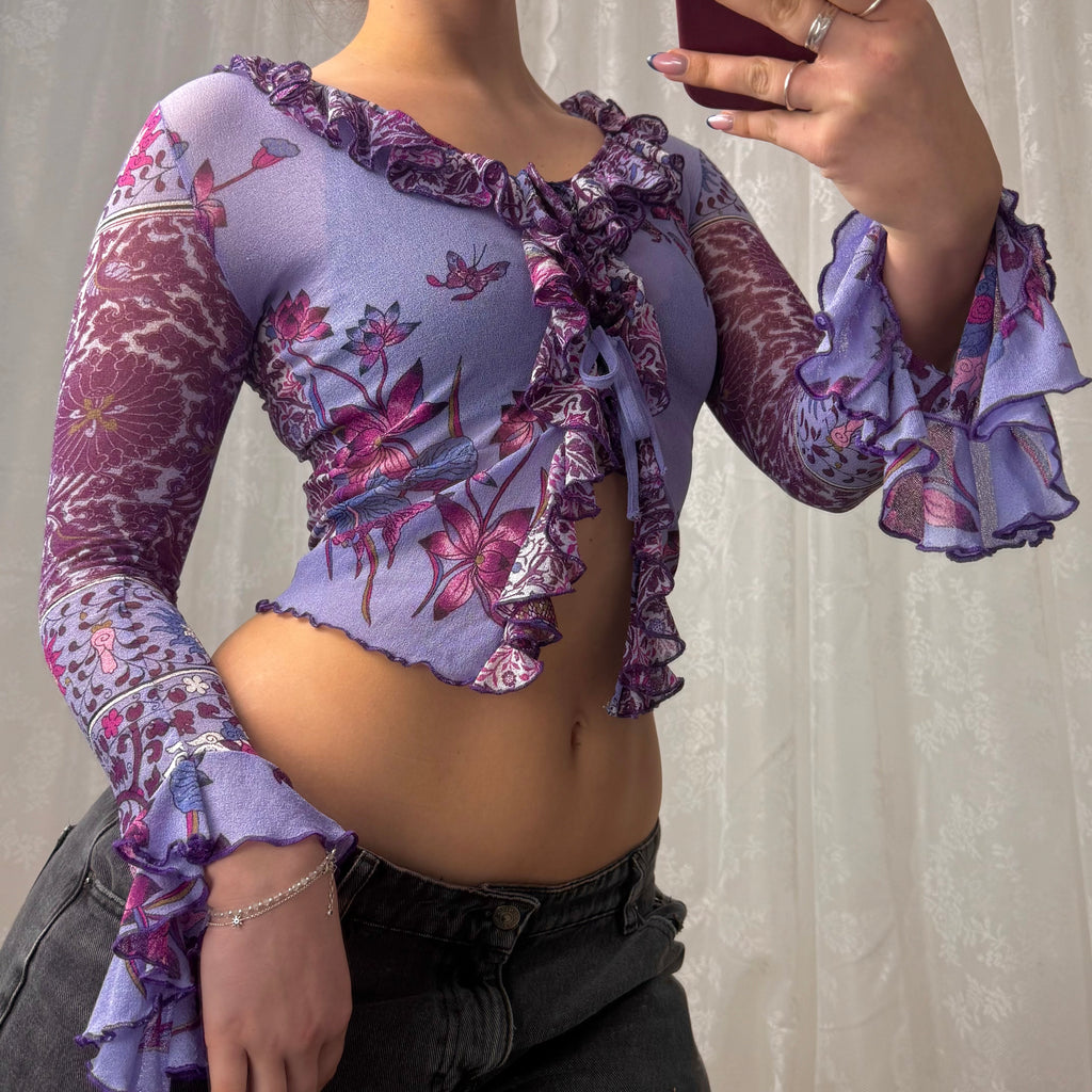Purple patterned mesh long sleeve floaty top