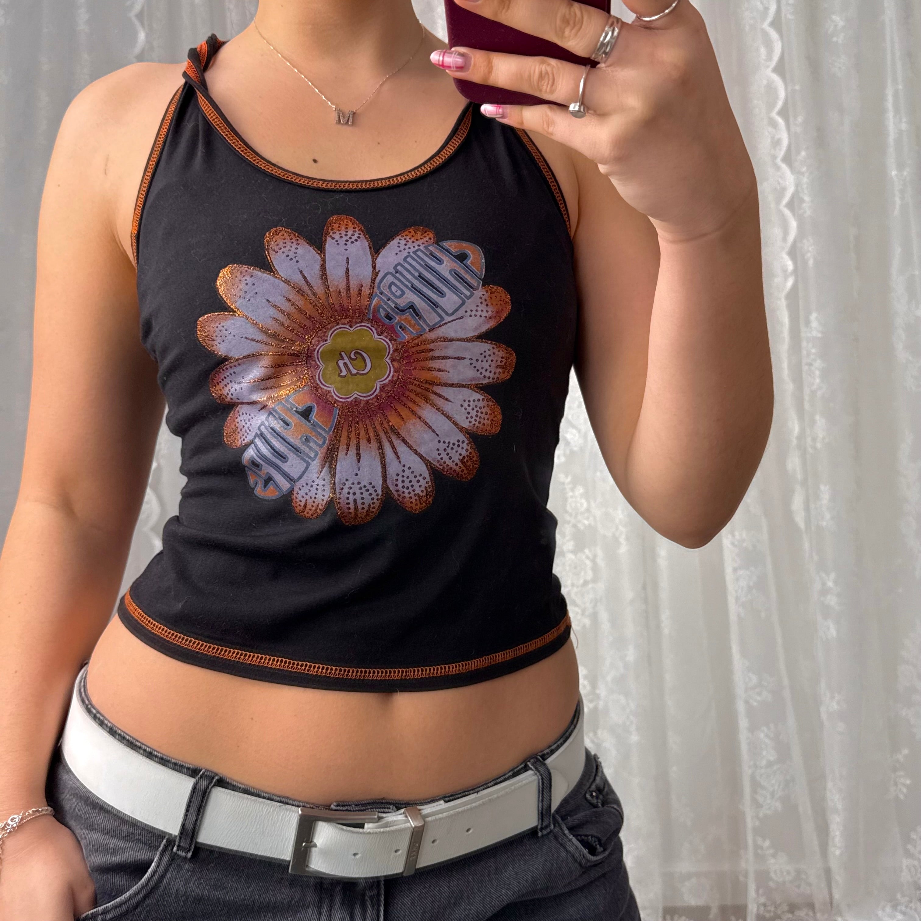 Black and orange glittery tank top