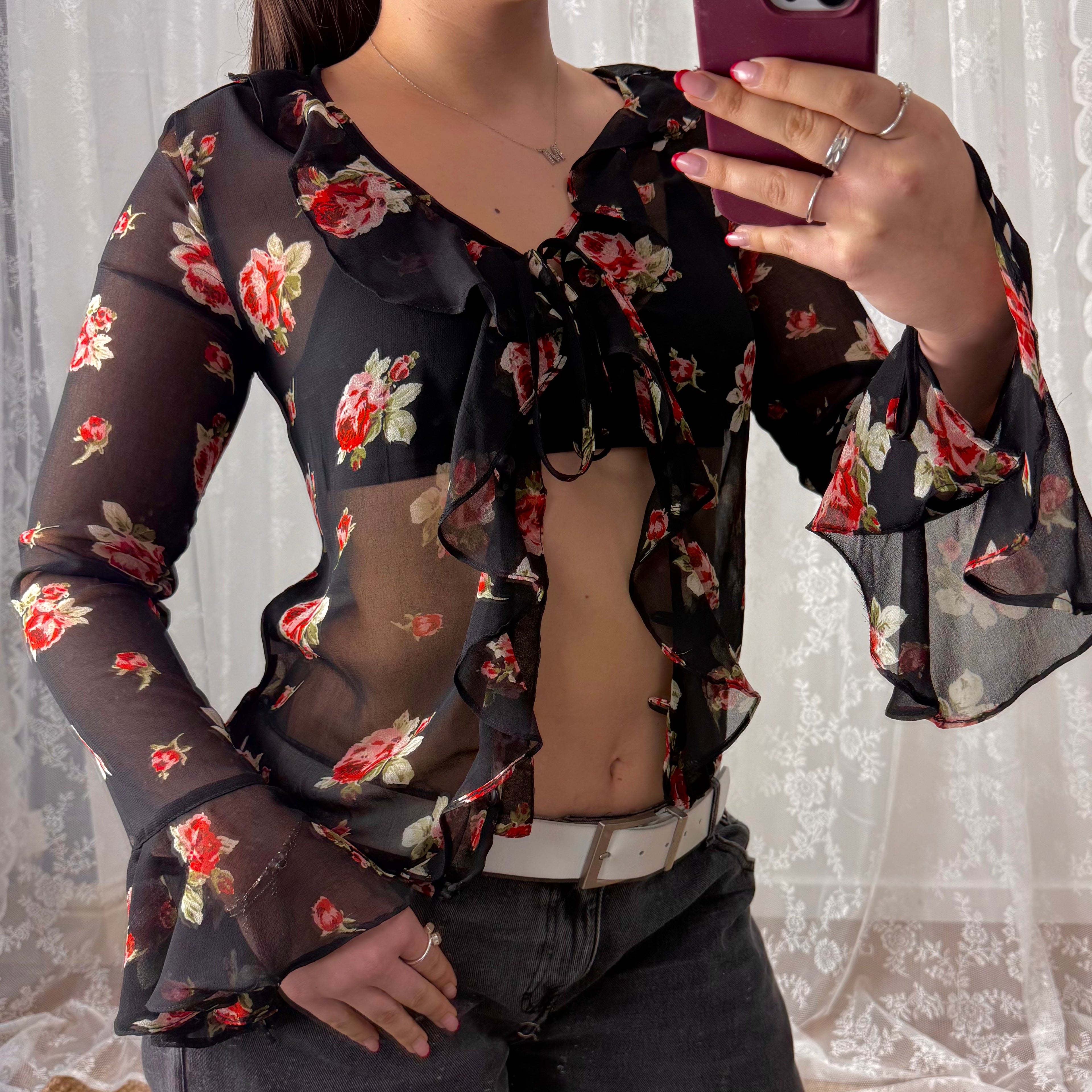 Black sheer floral floaty tie up top