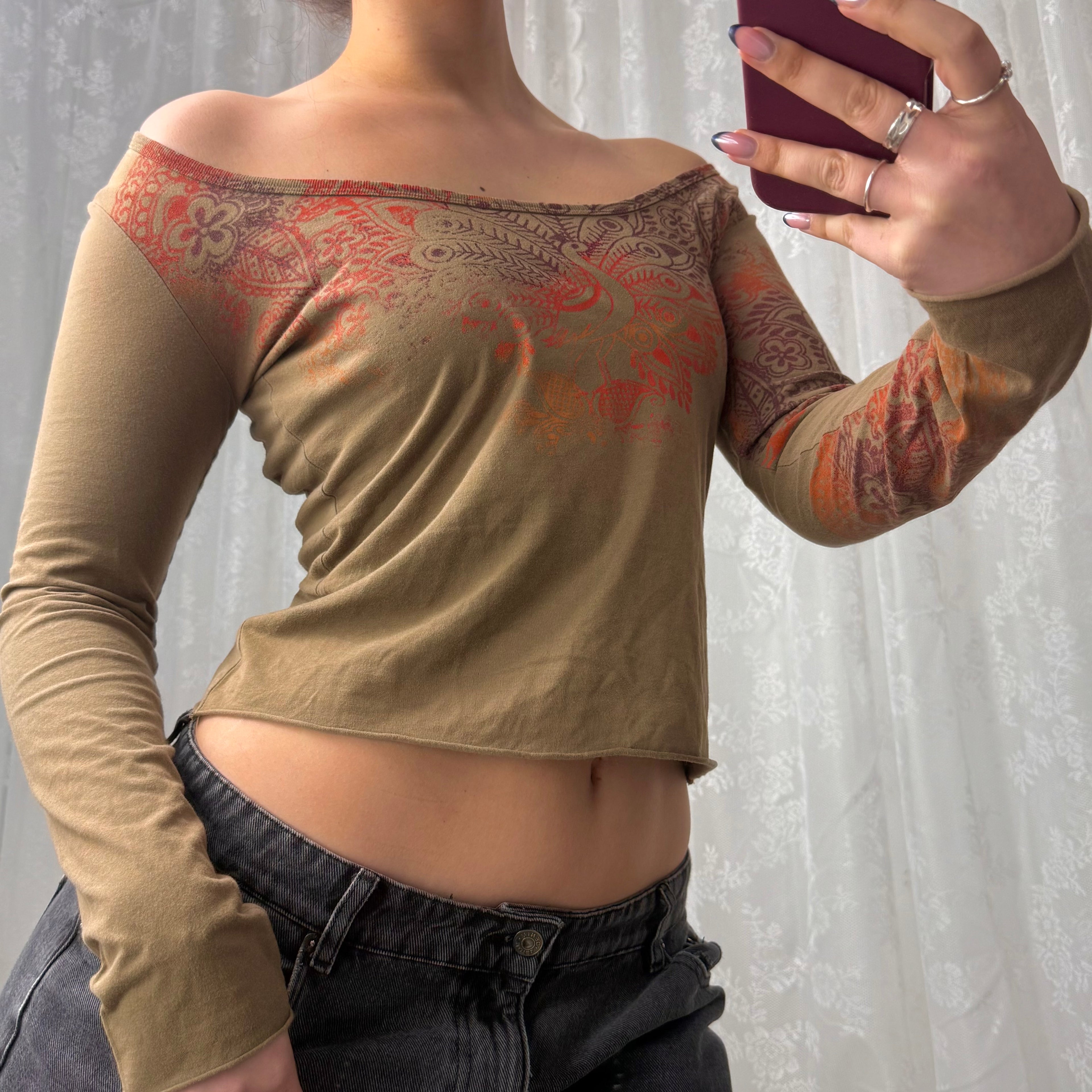 Khaki/brown GUESS patterned off the shoulder long sleeved top
