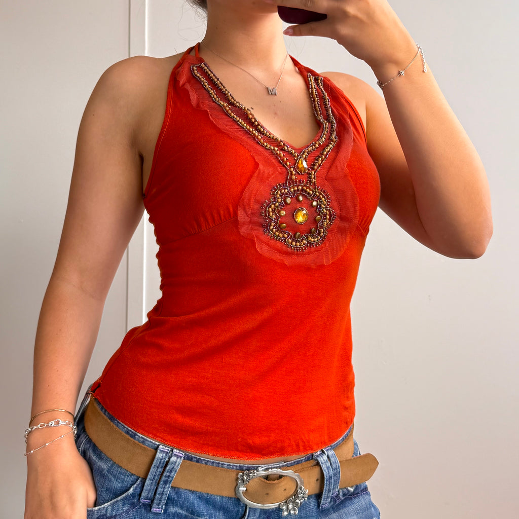 Orange beaded detailed cami with two straps