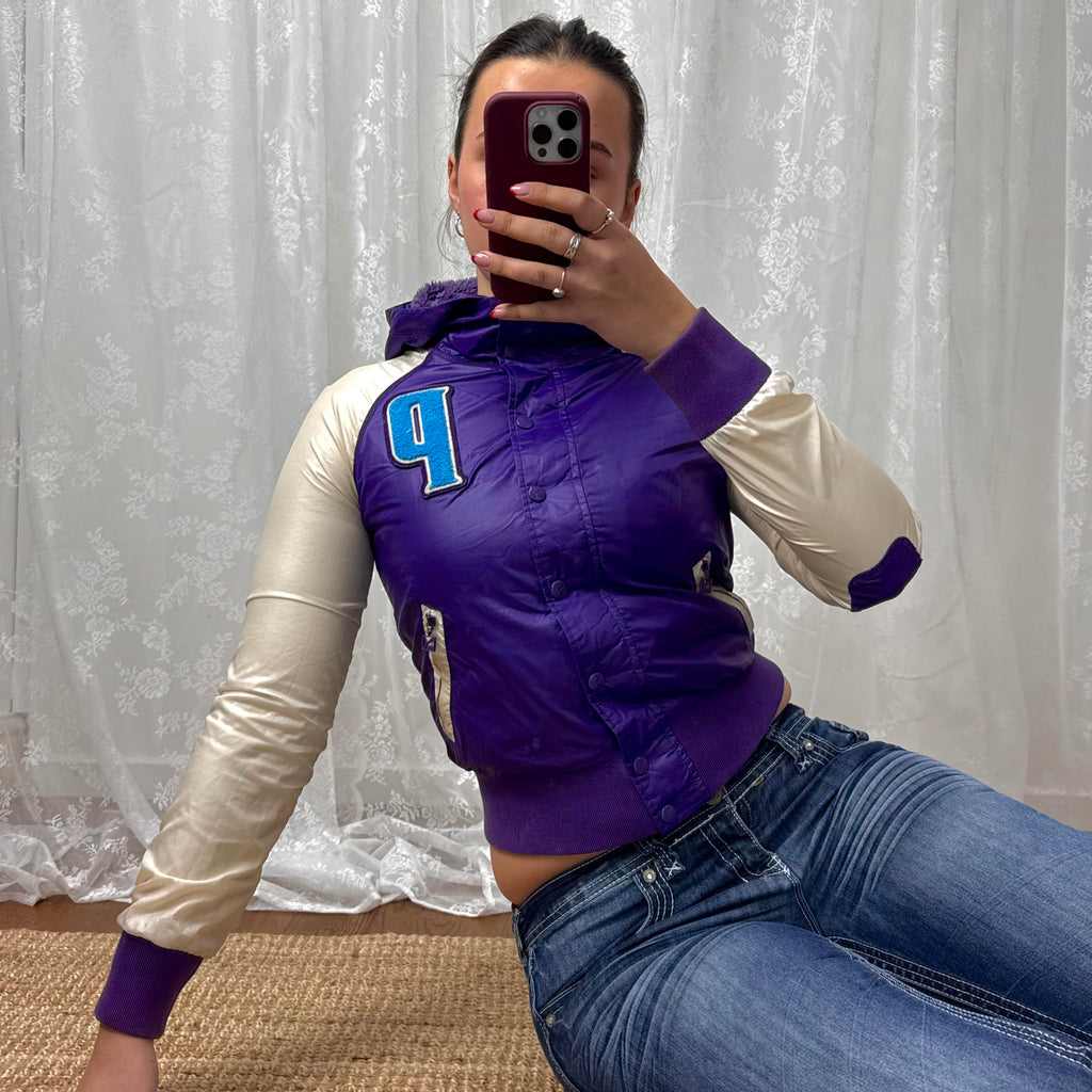 Purple and cream shiny bomber jacket